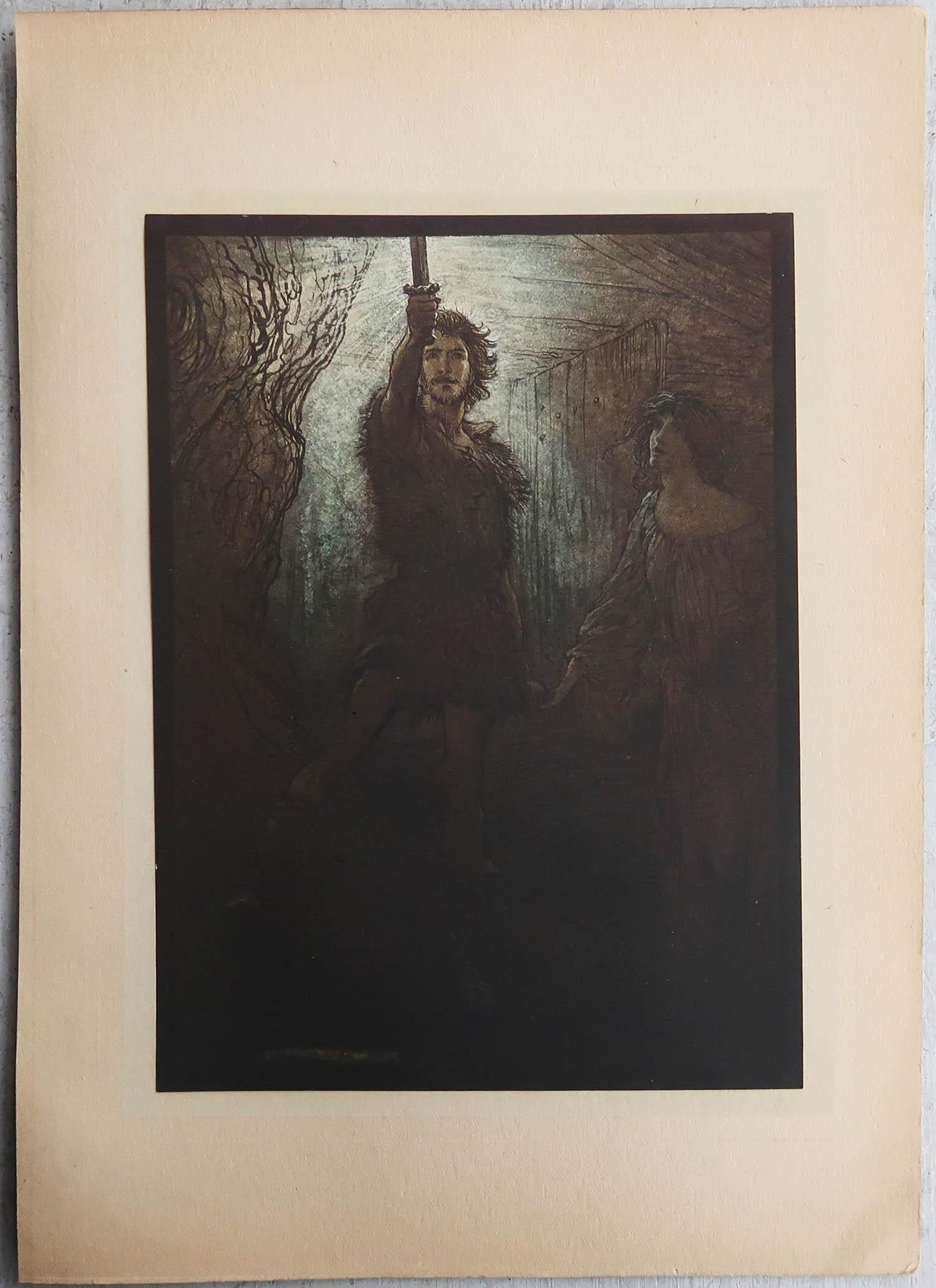 Grabado original de época de Arthur Rackham, 1910. Romántico en venta