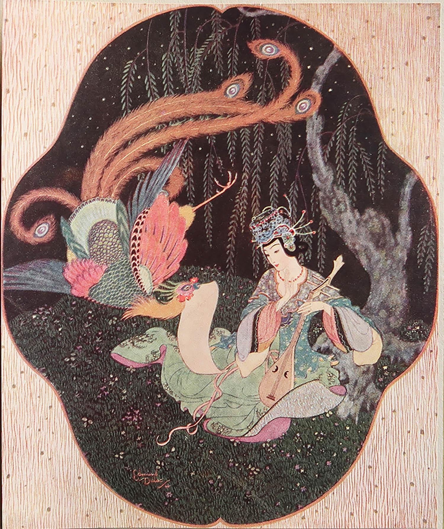 Lovely image by Edmund Dulac

Tipped in plate.

Lithograph. 

Published circa 1930

The measurement given is the card size not the actual printed image.

