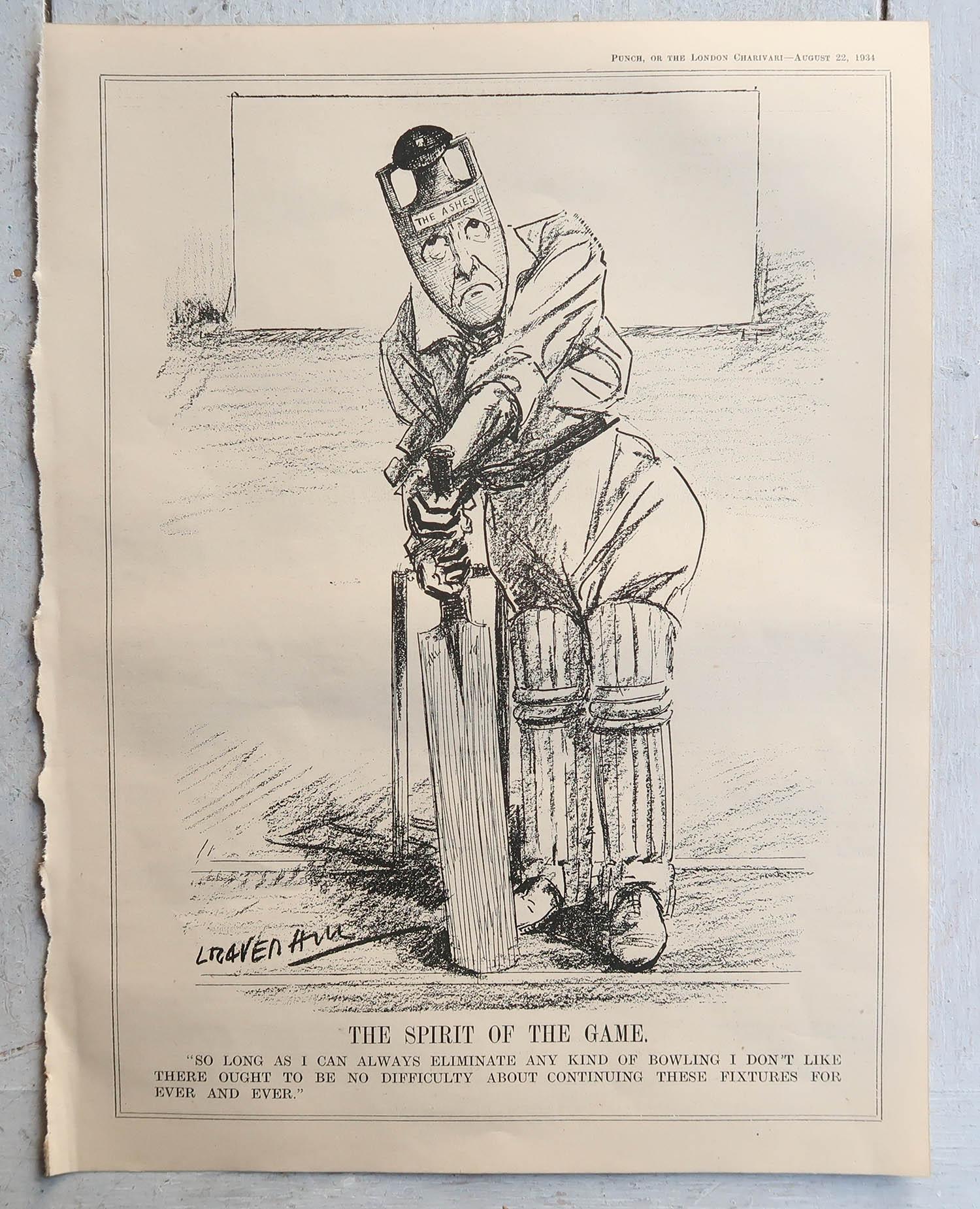 Art Deco Original Vintage Print of A Cartoon Cricket Related. 1934 For Sale