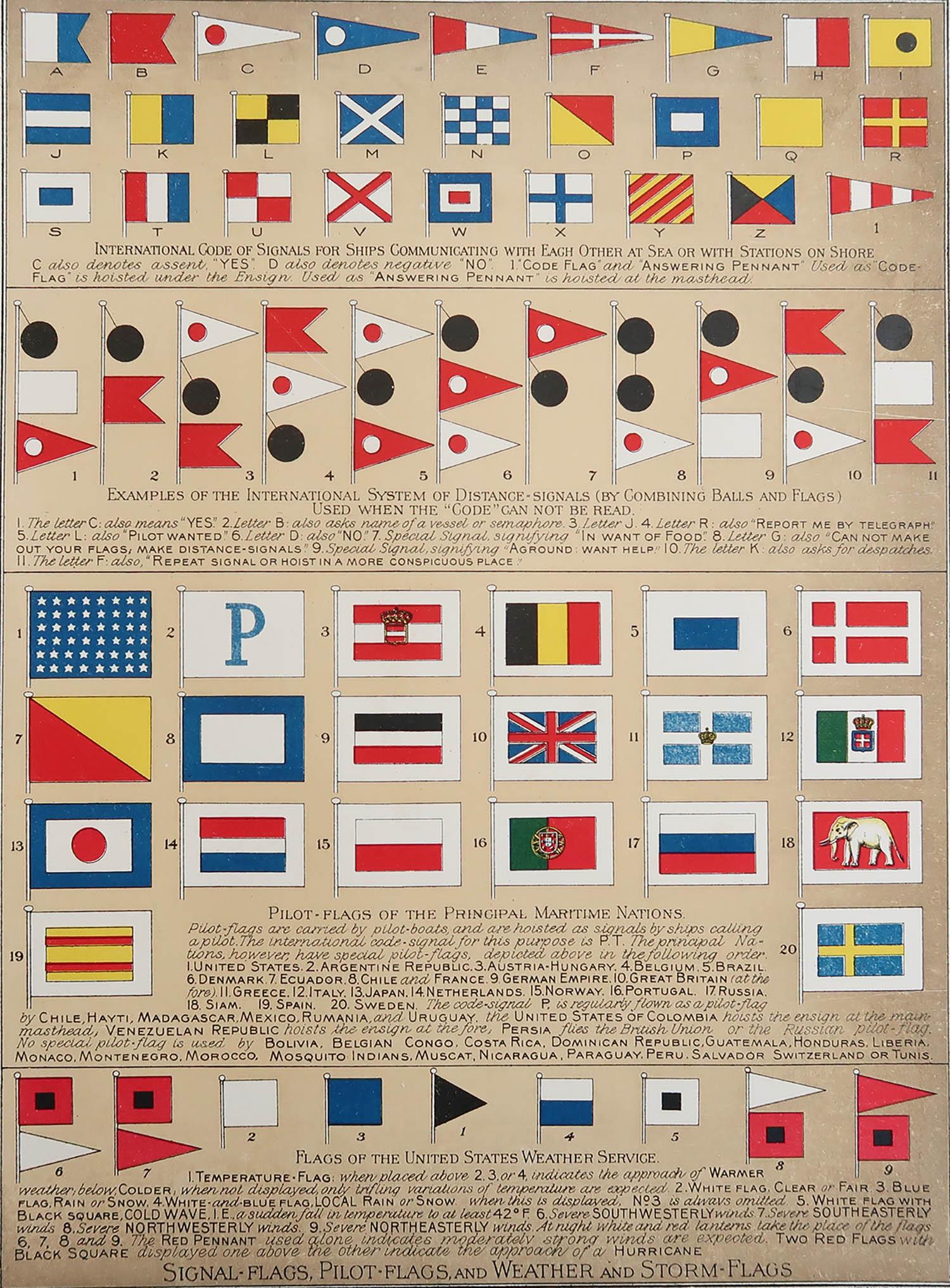 Fabulous print of marine flags.

American Lithographic Company, New York

Published C.1900

Unframed.

Repair to a minor edge tear top left margin







