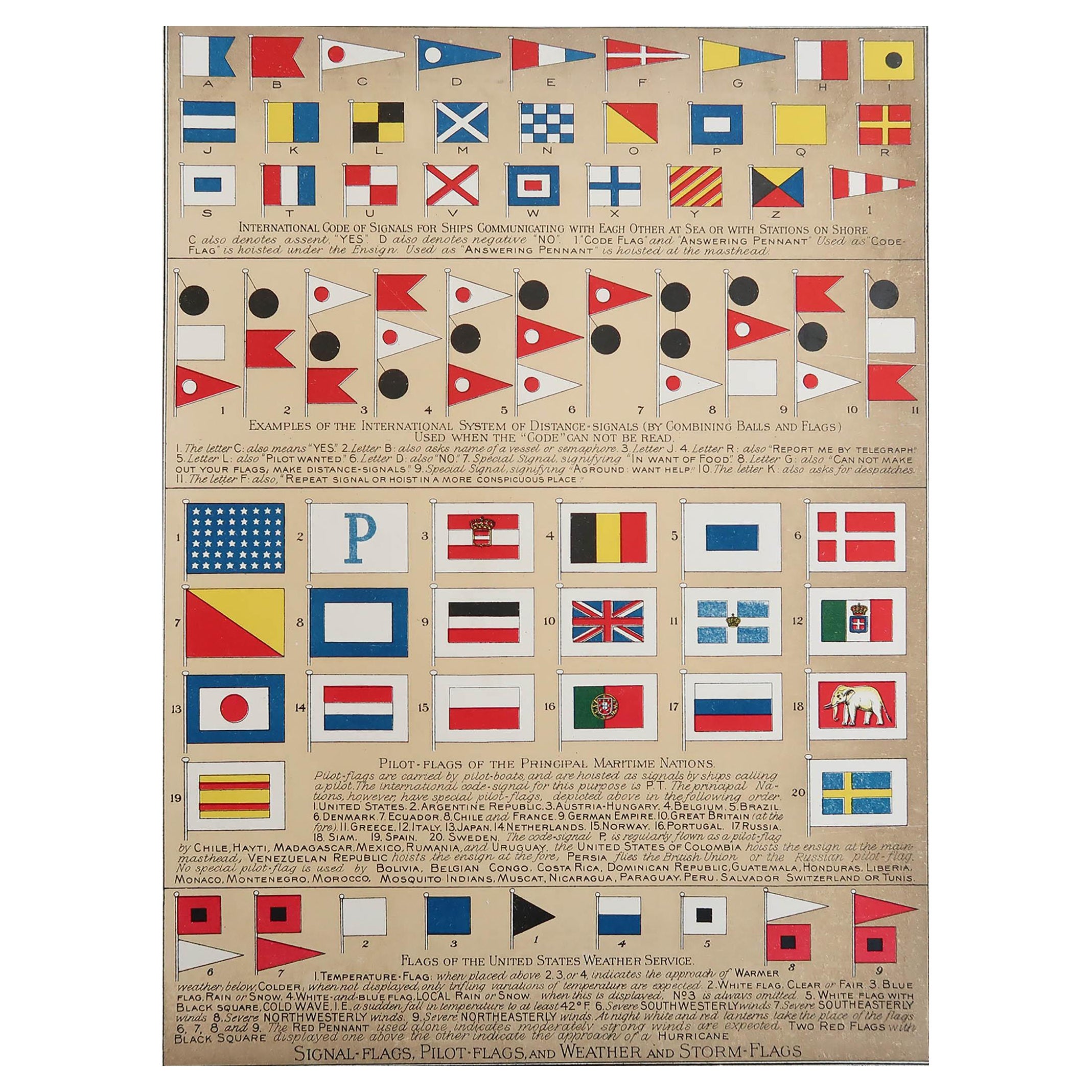 Original Vintage Print of Marine Flags. C.1900
