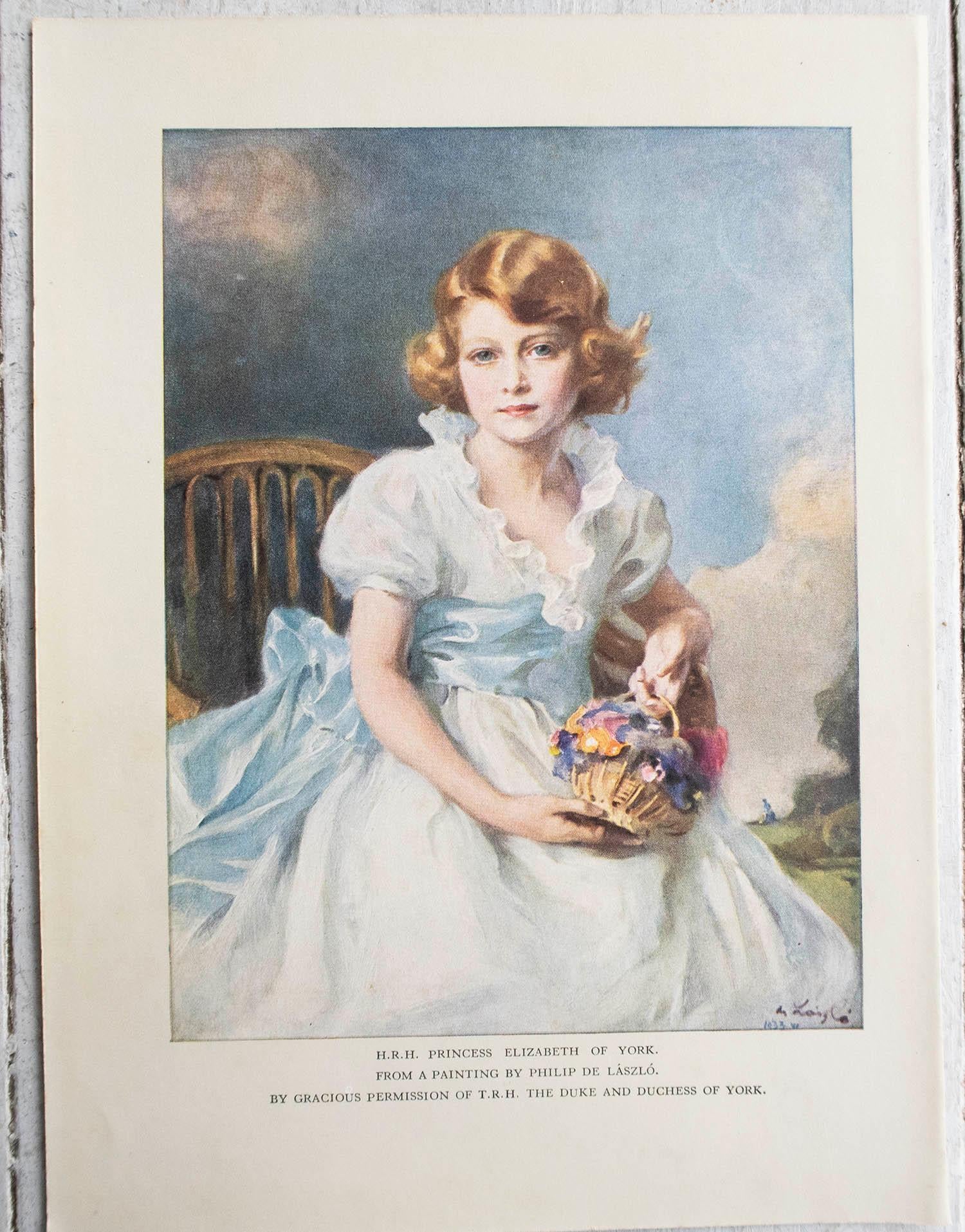 British Original Vintage Print of Princess Elizabeth After Philip De László. 1930's For Sale