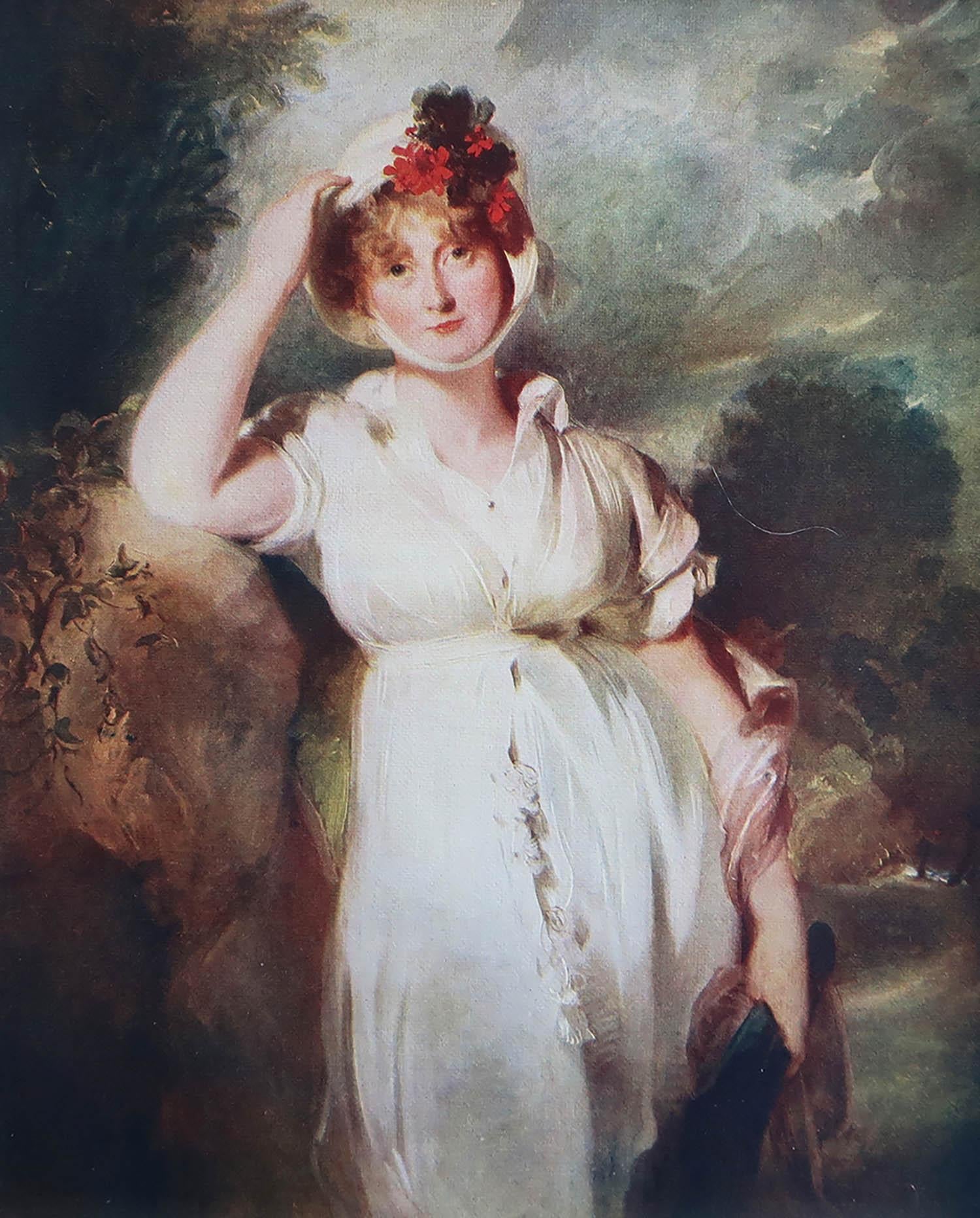 Wonderful print after Sir Thomas Lawrence

Lovely colors.

Tipped in plate on good quality paper

Chromolithograph 

Published circa 1920

The measurement given below is the off white paper size, not the actual image.

Unframed.

