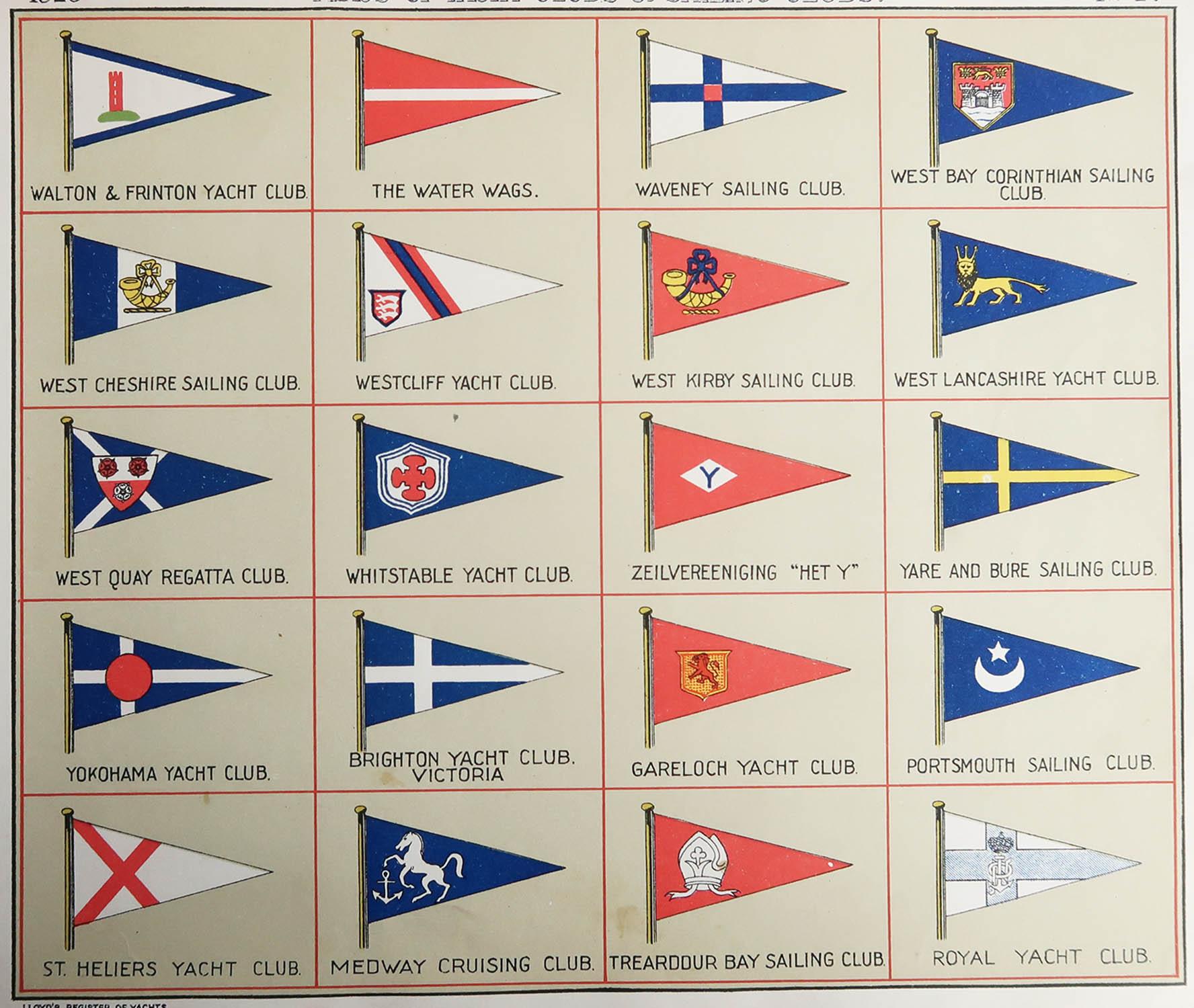Fabulous print of Yacht club flags

Lithograph.

From Lloyds Register of Yachts

Unframed.

Published 1923

The measurement given below is for one of the prints.



