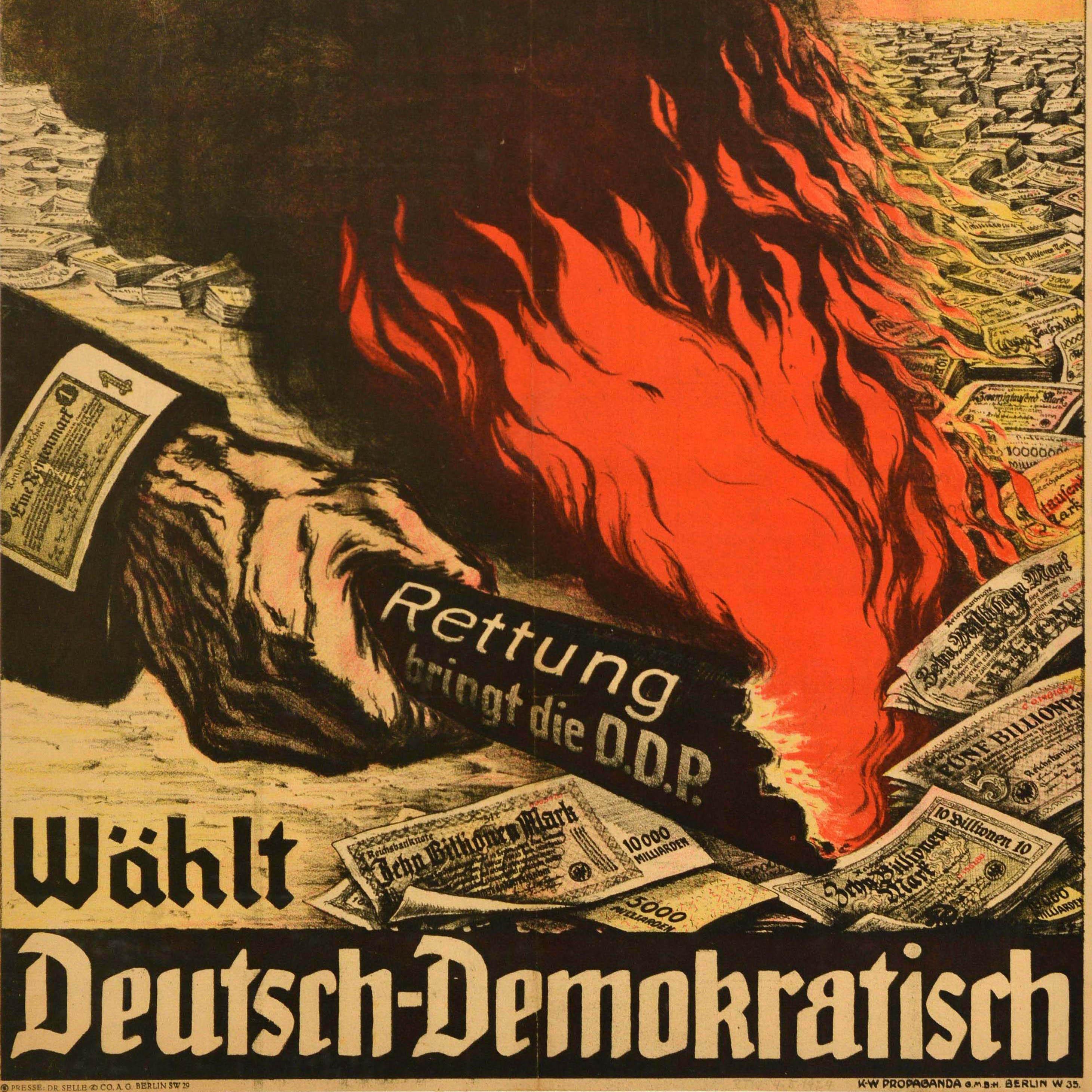 Early 20th Century Original Vintage Propaganda Election Poster Vote German Democratic DDP Inflation For Sale