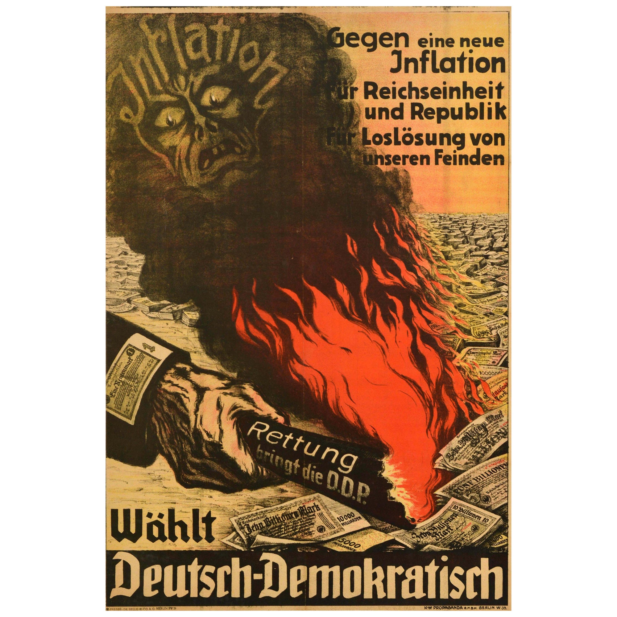 Poster elettorale originale di propaganda d'epoca Vota l'inflazione del Partito Democratico Tedesco (DDP)