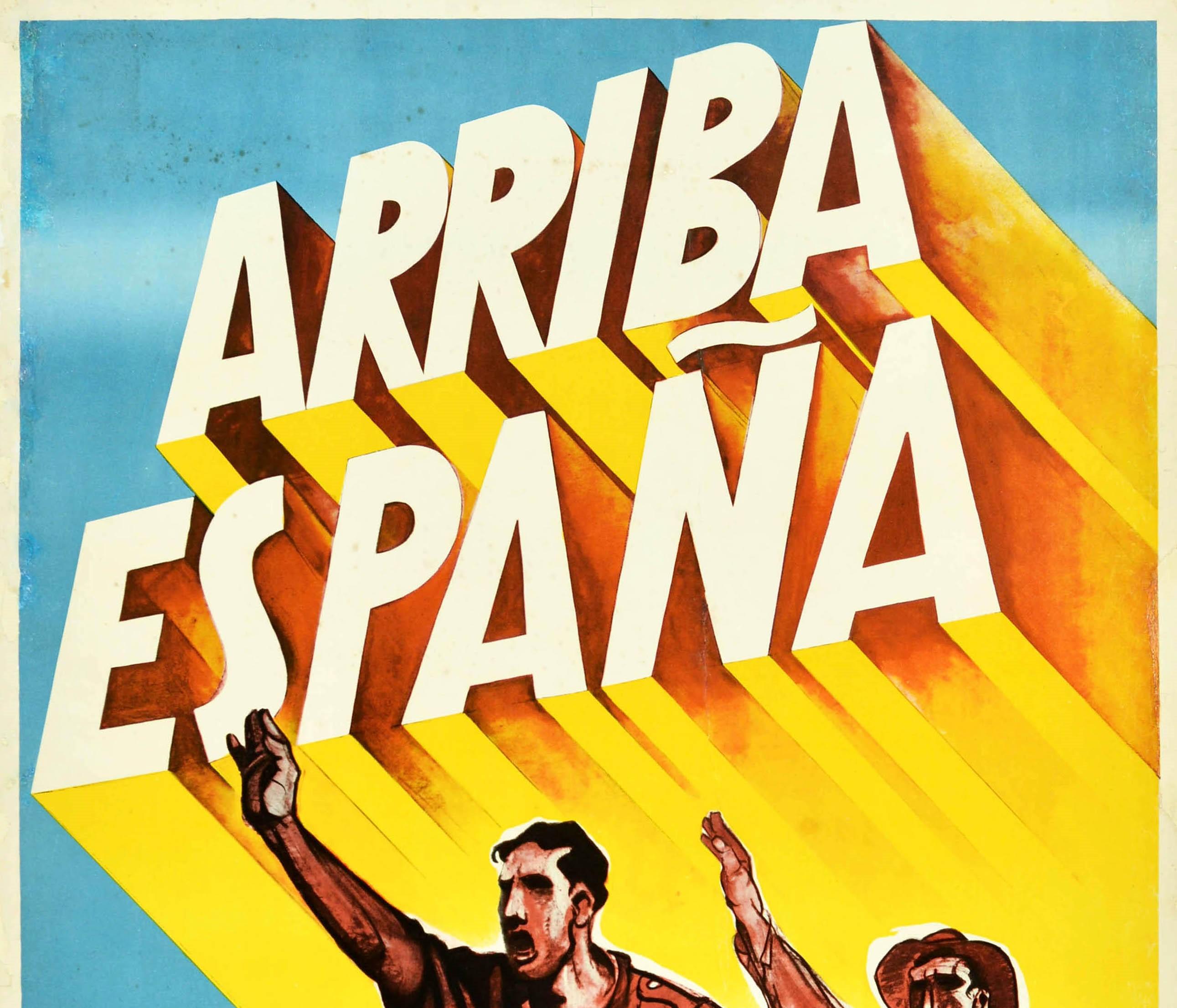 Original vintage Spanish Civil War (1936-1939) propaganda poster - Arriba Espana / Go Spain - featuring soldiers, workers, farmers, women and children rising up and marching forward below the dramatic bold lettering. Large size. Fair condition,