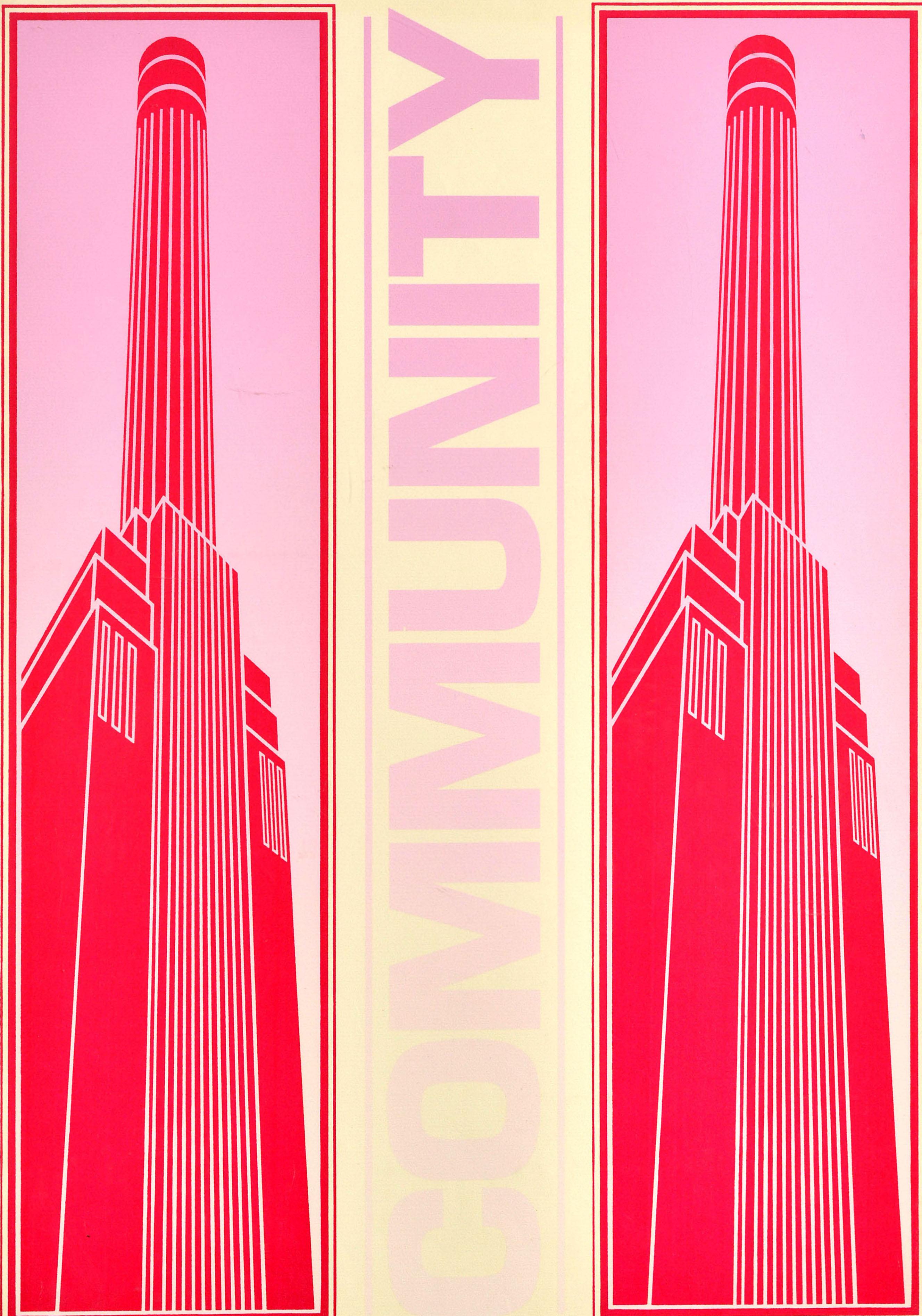 Cartel original de propaganda de época - Comunidad - con un gran diseño de Brian Barnes que representa la emblemática Battersea Power Station con dos de sus cuatro chimeneas en rojo elevándose sobre el fondo rosa con el texto en negrita en rosa