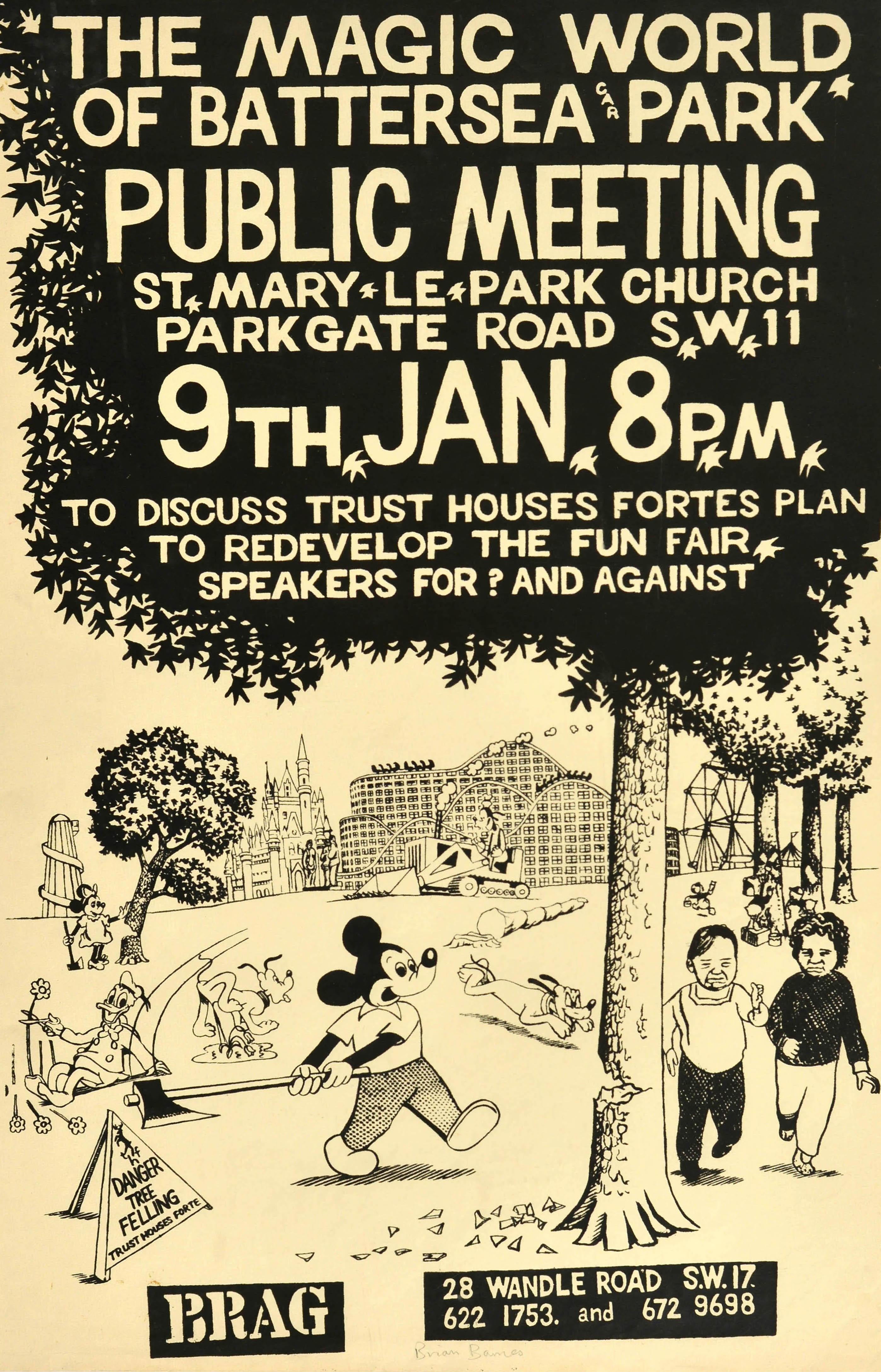 Manifesto di propaganda originale d'epoca - The Magic World of Battersea Car Park Incontro pubblico St Mary Le Park Church Park Road SW11 per discutere il piano di riqualificazione del parco divertimenti di Trust Houses Fortes Interventi a favore? e