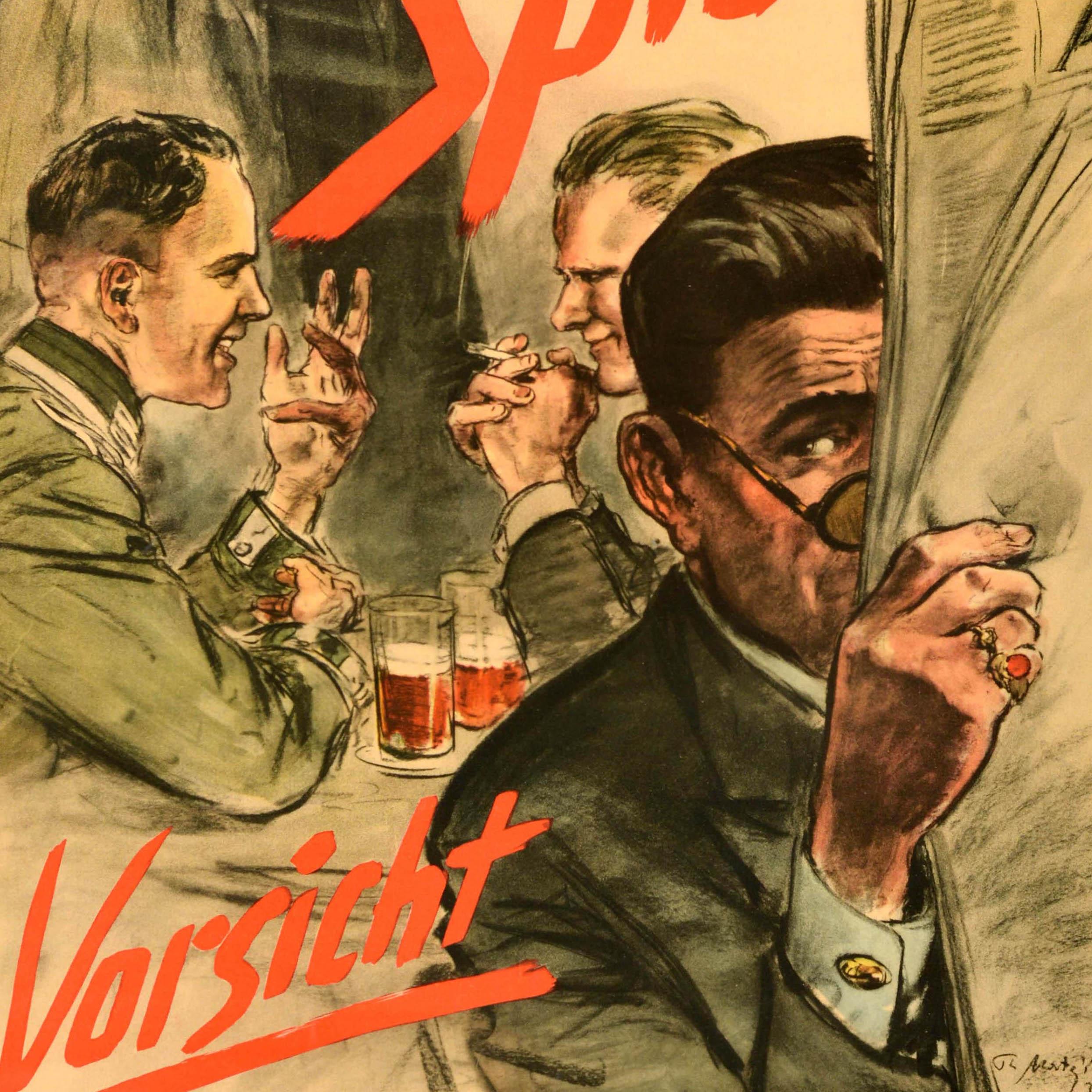 Original vintage propaganda poster - Beware of spies be careful when talking! / Achtung Spione Vorsicht bei Gesprachen! - featuring an illustration of two soldiers talking over a beer with a man in the foreground listening whilst pretending to read