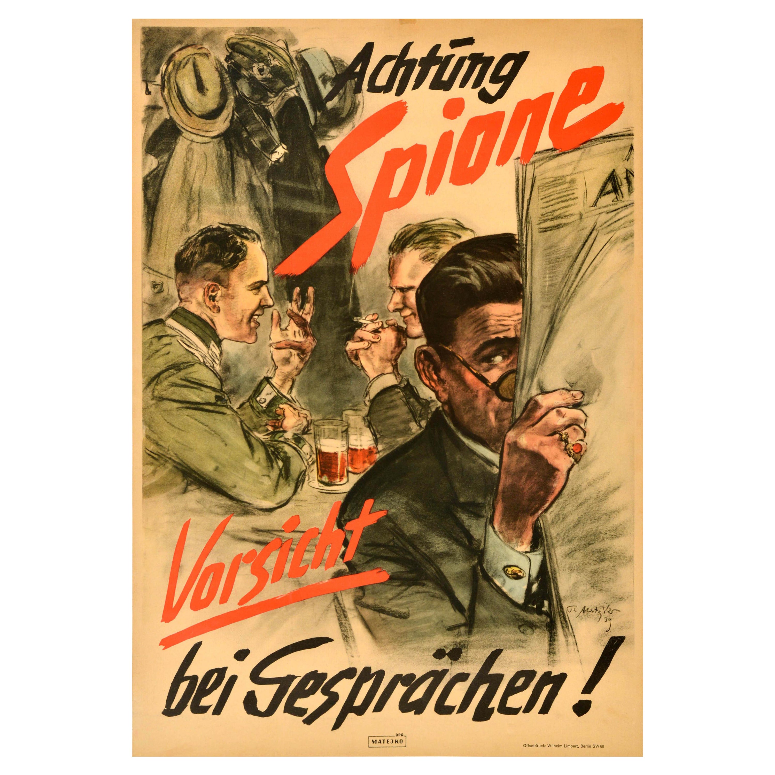 Original-Vintage- Propaganda-Poster, „Beware Of Spies“, Achtung Spione, Deutschland, Zweiter Weltkrieg