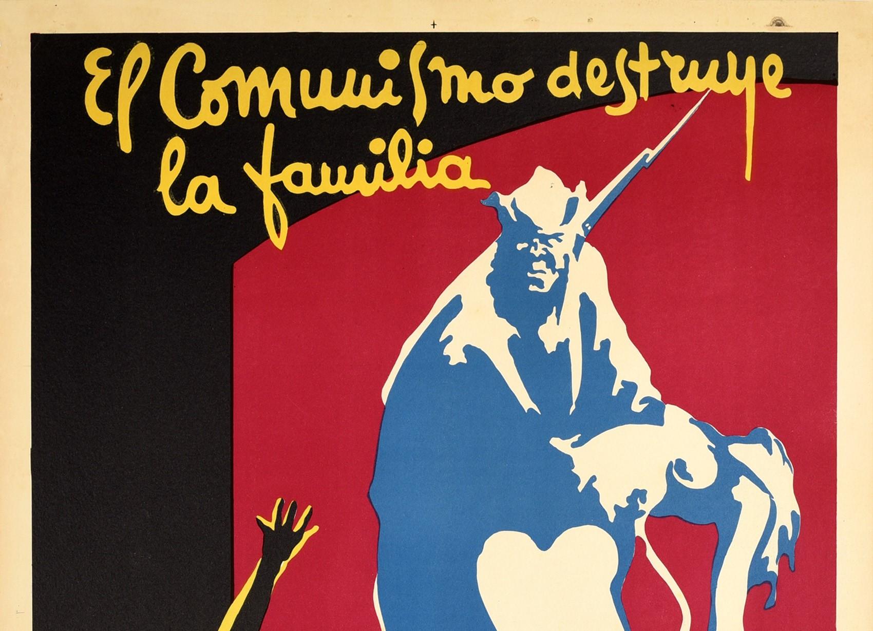 Original vintage Spanish Civil War era propaganda poster - Communism Destroys the Family / El Comunismo Destruye la Familia - featuring an images in shadows depicting a soldier carrying away a lady with a person reaching up from a doorway, the