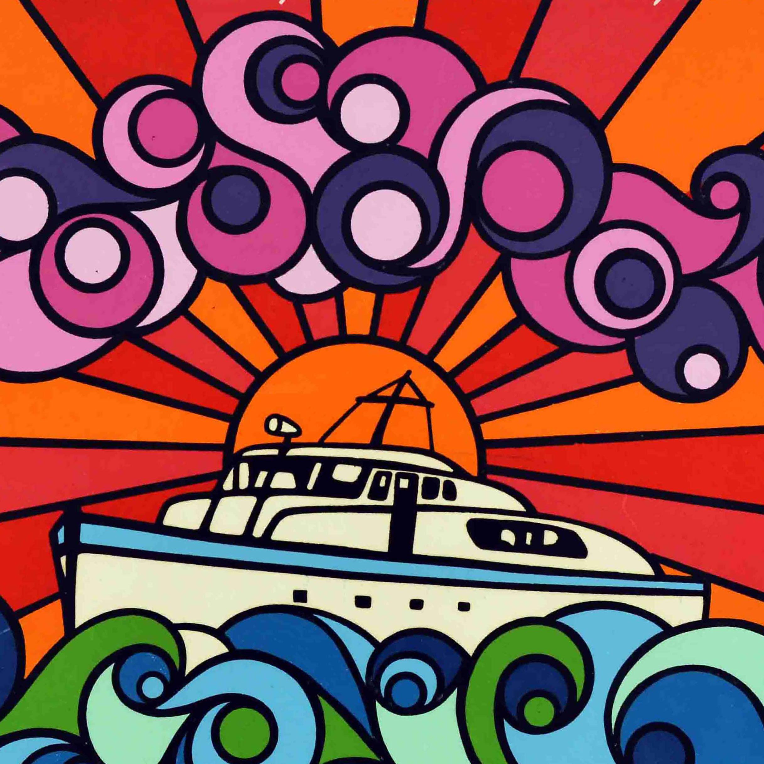 Affiche de propagande cubaine vintage originale présentant une image colorée de style psychédélique du voilier de la marine américaine (construit en 1943) - appelé yacht Granma - transportant 82 combattants de la révolution cubaine du Mexique à Cuba