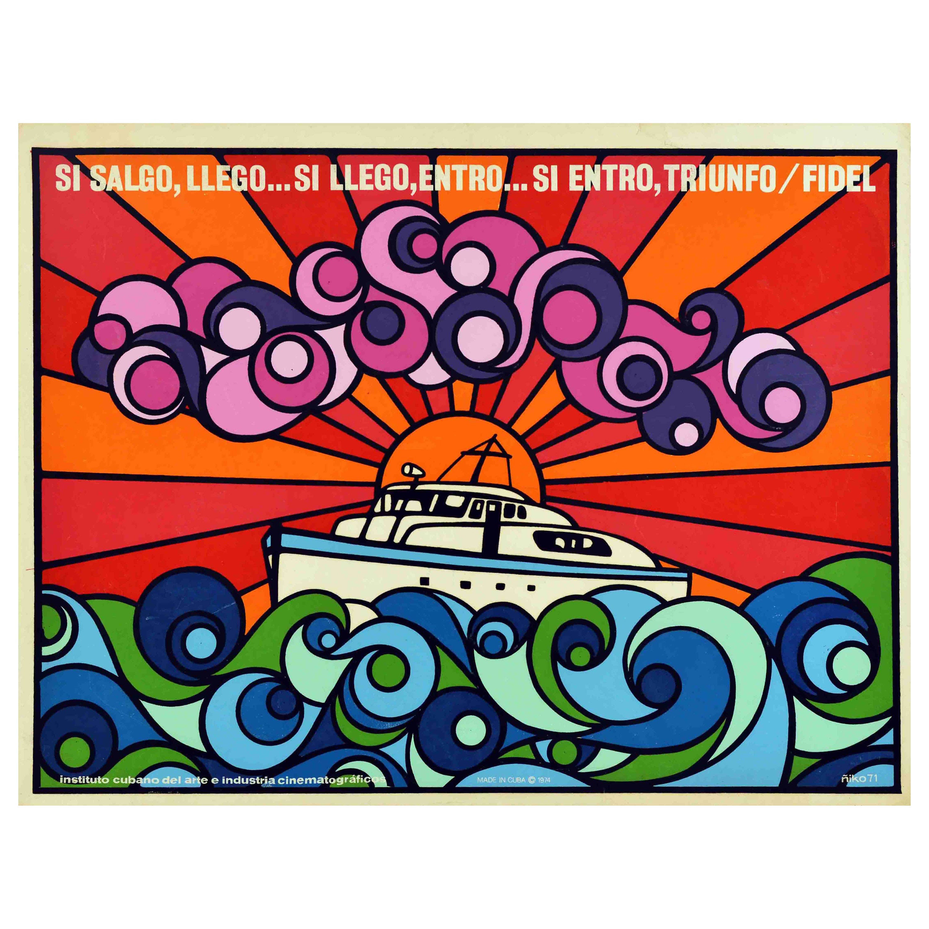 Affiche de propagande originale de Fidel Castro Granma Yacht Cuba Revolution