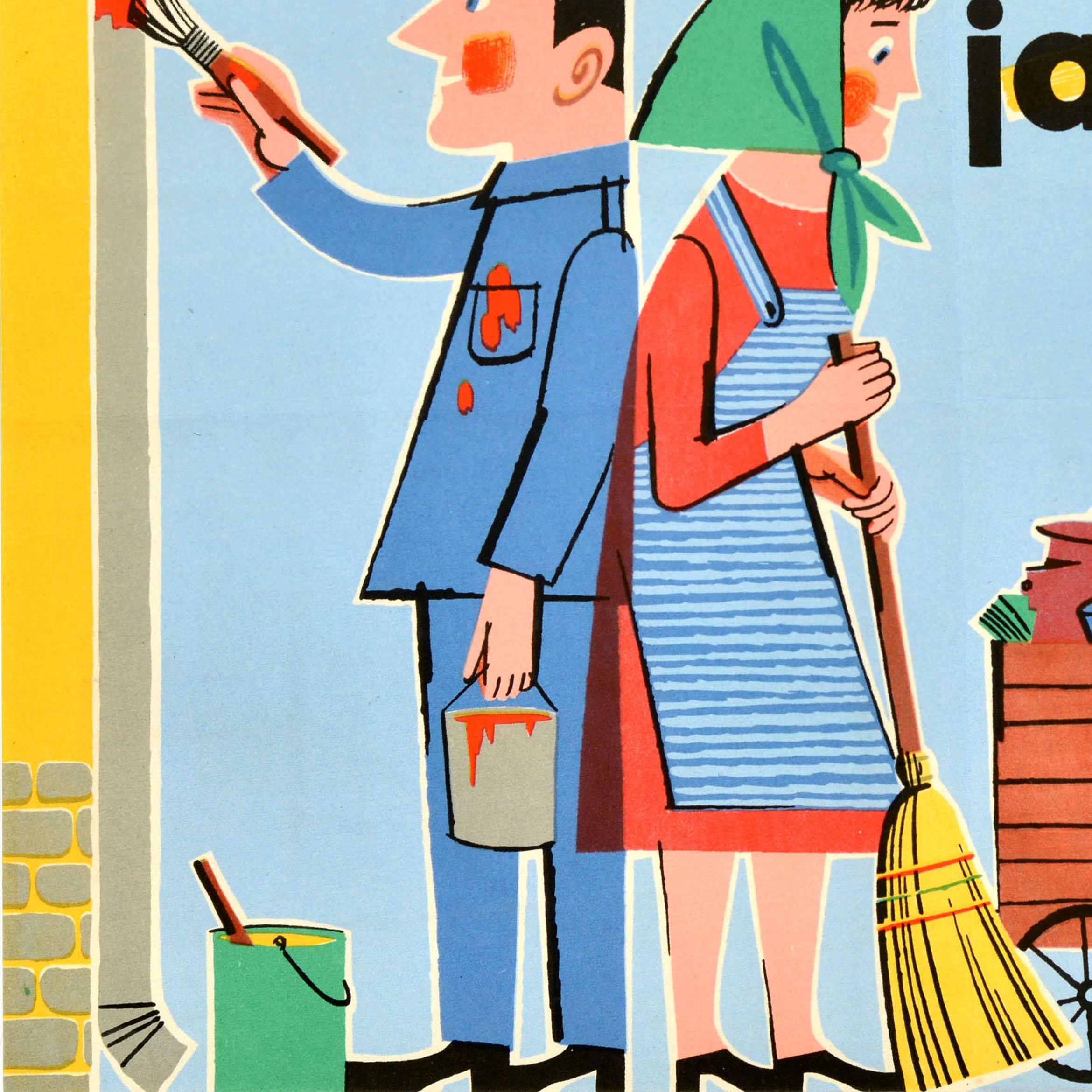 Metà XX secolo Poster di propaganda originale d'epoca Pulizie di primavera Igiene Salute Cecoslovacchia in vendita