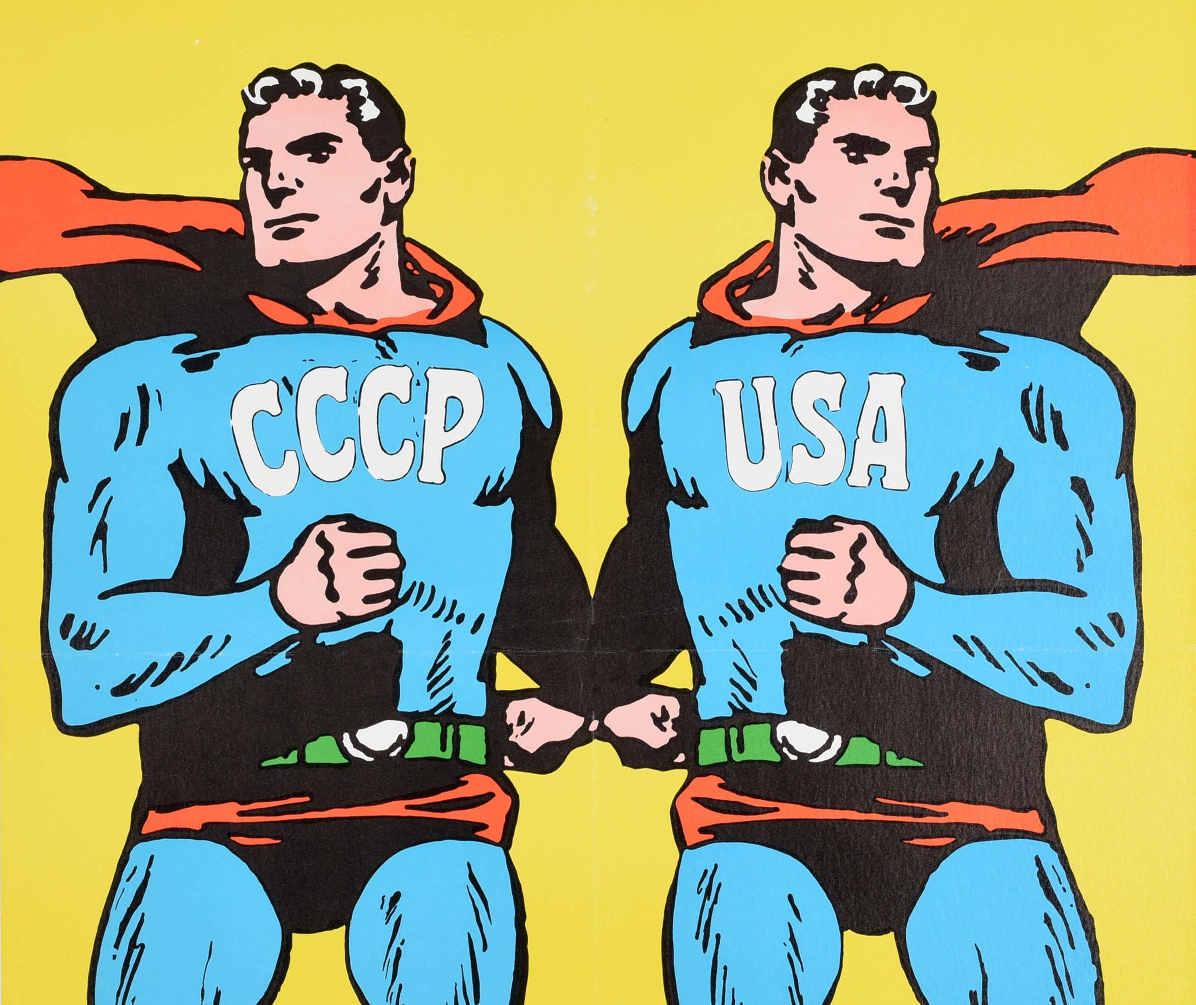 Original vintage Superman style poster - CCCP USA - by the renowned graphic designer Roman Cieslewicz (1930-1996) featuring a colourful image of mirror versions of the comic book superhero Superman as the Cold War rivals USSR (CCCP / Soviet Union)
