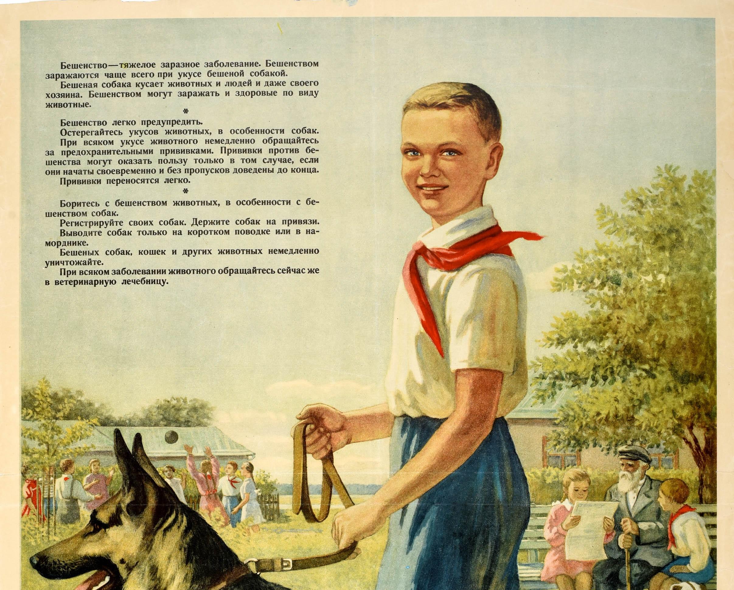 Original vintage Soviet public health poster for the prevention of rabies / ????????? in dogs featuring a freaky looking young Pioneer boy staring out to the viewer, walking an Alsatian dog on a lead in a park with a group of children playing ball