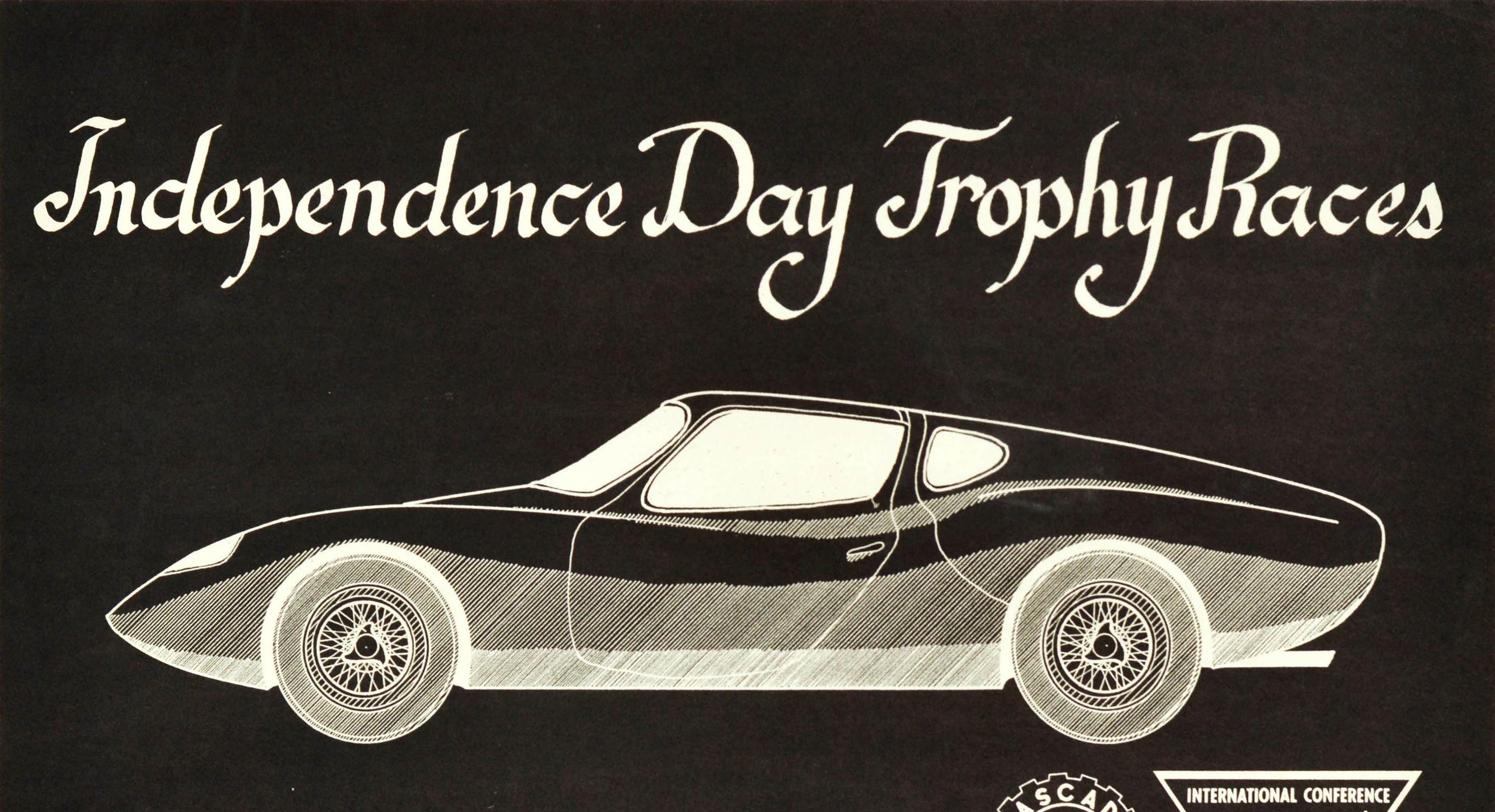 Original vintage motorsport poster for a championship event Independence Day Trophy Races held on 3-4 July 1965 at West Delta Park in Portland Oregon featuring an image of a racing car with the title text above and logos of the Cascade Sports Car
