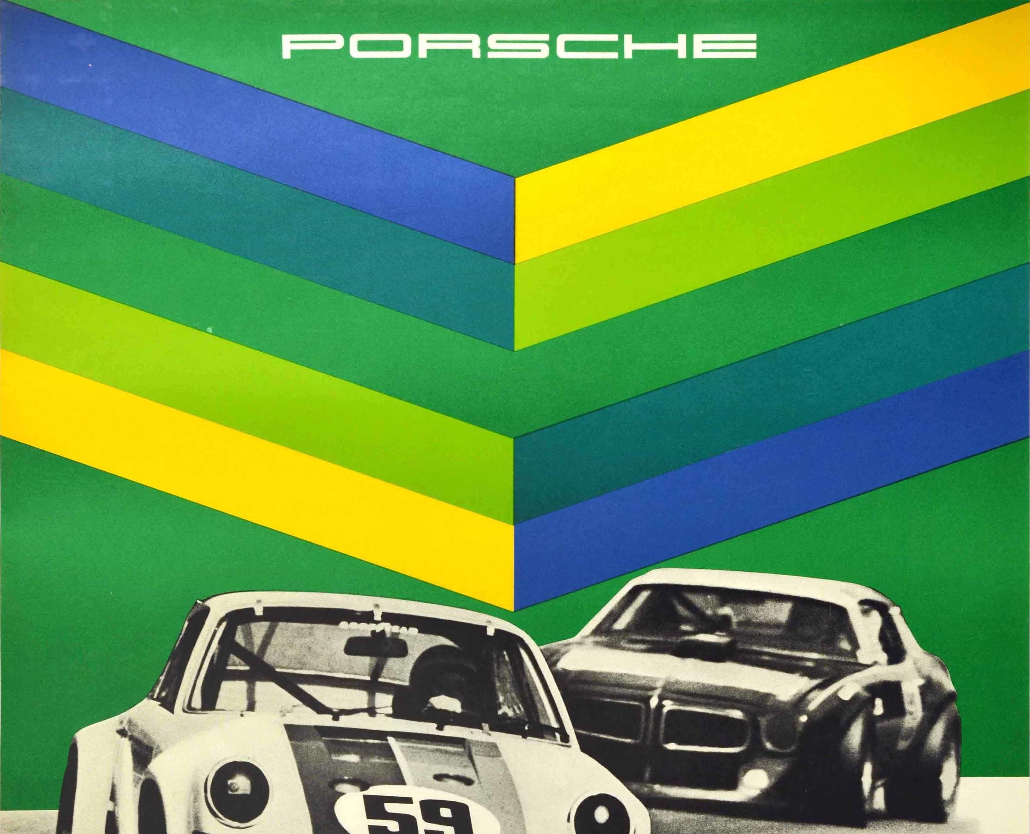 Original vintage motorsports poster celebrating Porsche's victory at the 1973 Trans-Am featuring a bold design showing a black and white photo of a Porsche 911 Carrera RSR numbered 59 being driven by the American race car driver Peter Gregg