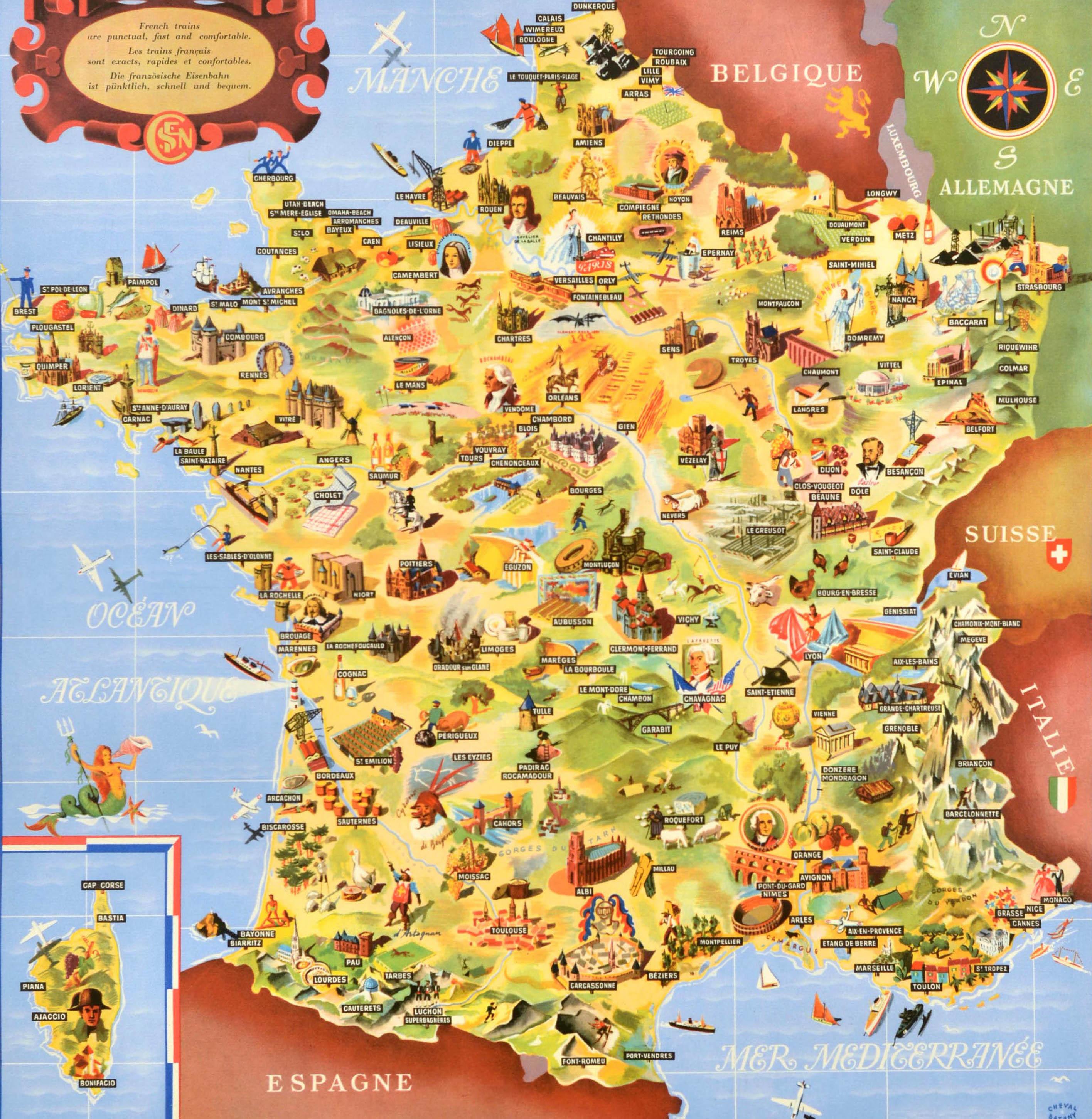 Originale Eisenbahn-Reisekarte im Vintage-Stil - Frankreich Societe Nationale des Chemins de Fer Francais - mit einer farbig illustrierten Karte von Jean Cheval und Alex Batany (als Cheval-Batany), auf der Sehenswürdigkeiten und Wahrzeichen wie alte
