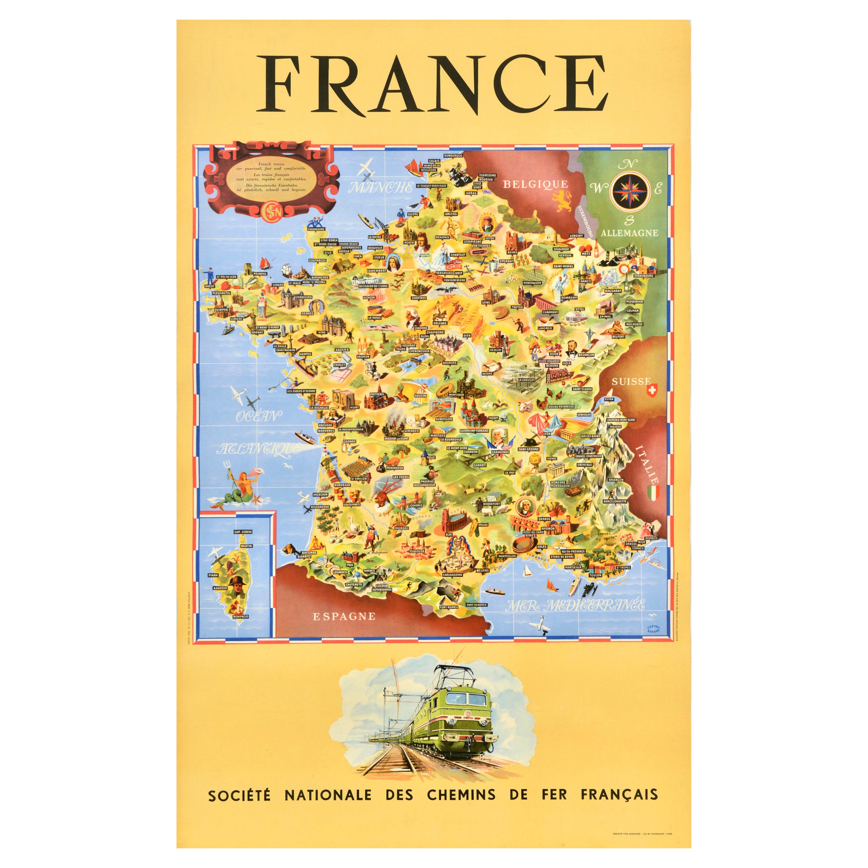 Affiche rétro originale de voyage, France, Carte SNCF, Chemin de fer national français