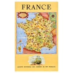 Original Vintage Rail Travel Map Poster France Map SNCF National French Railway