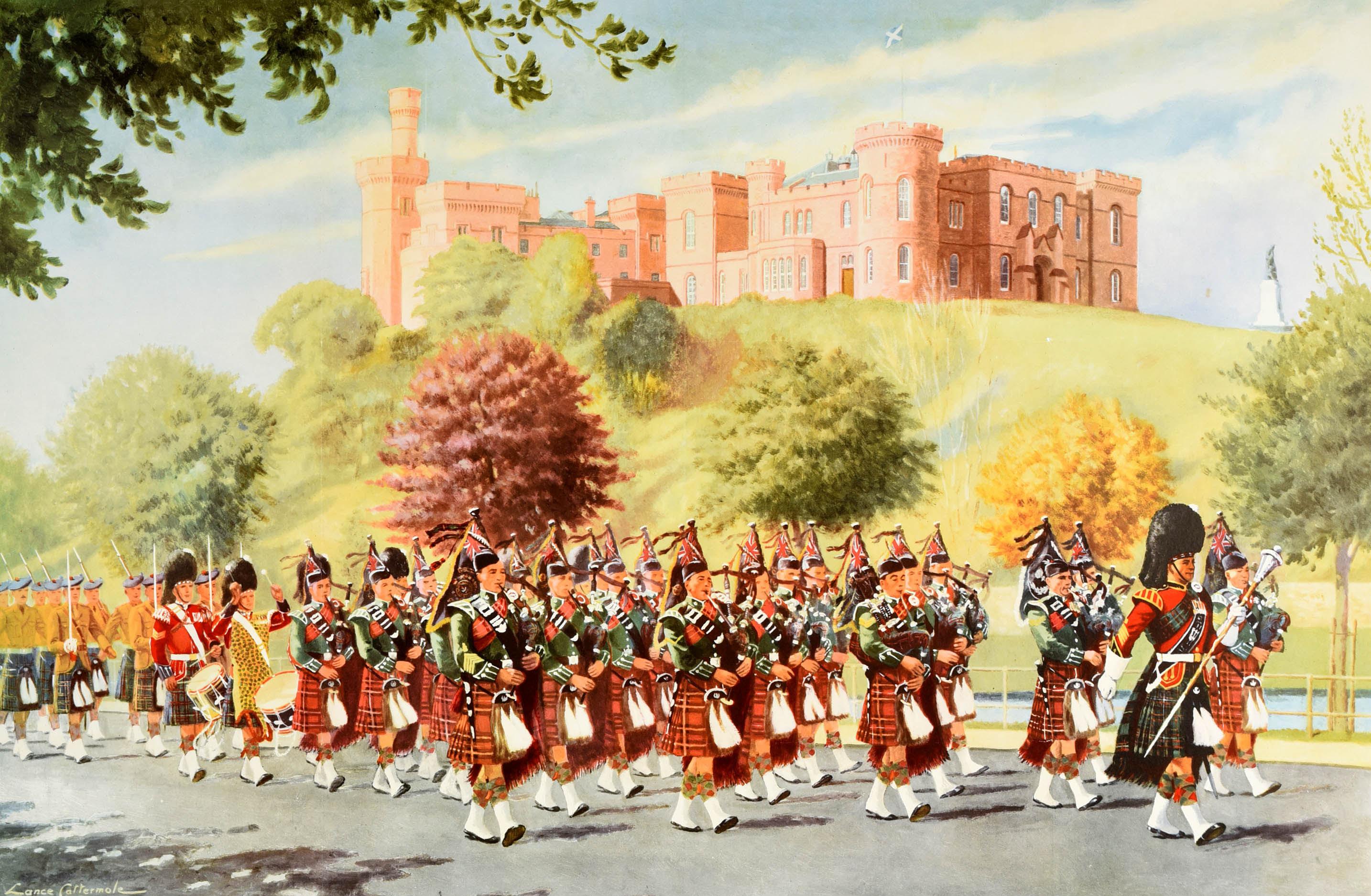 Original vintage rail travel poster for Inverness The Capital Of The Scottish Highlands See Britain By Train British Railways featuring artwork depicting The Queen's Own Cameron Highlanders Marching Along Ness Walk by Lance Cattermole (1898-1992).