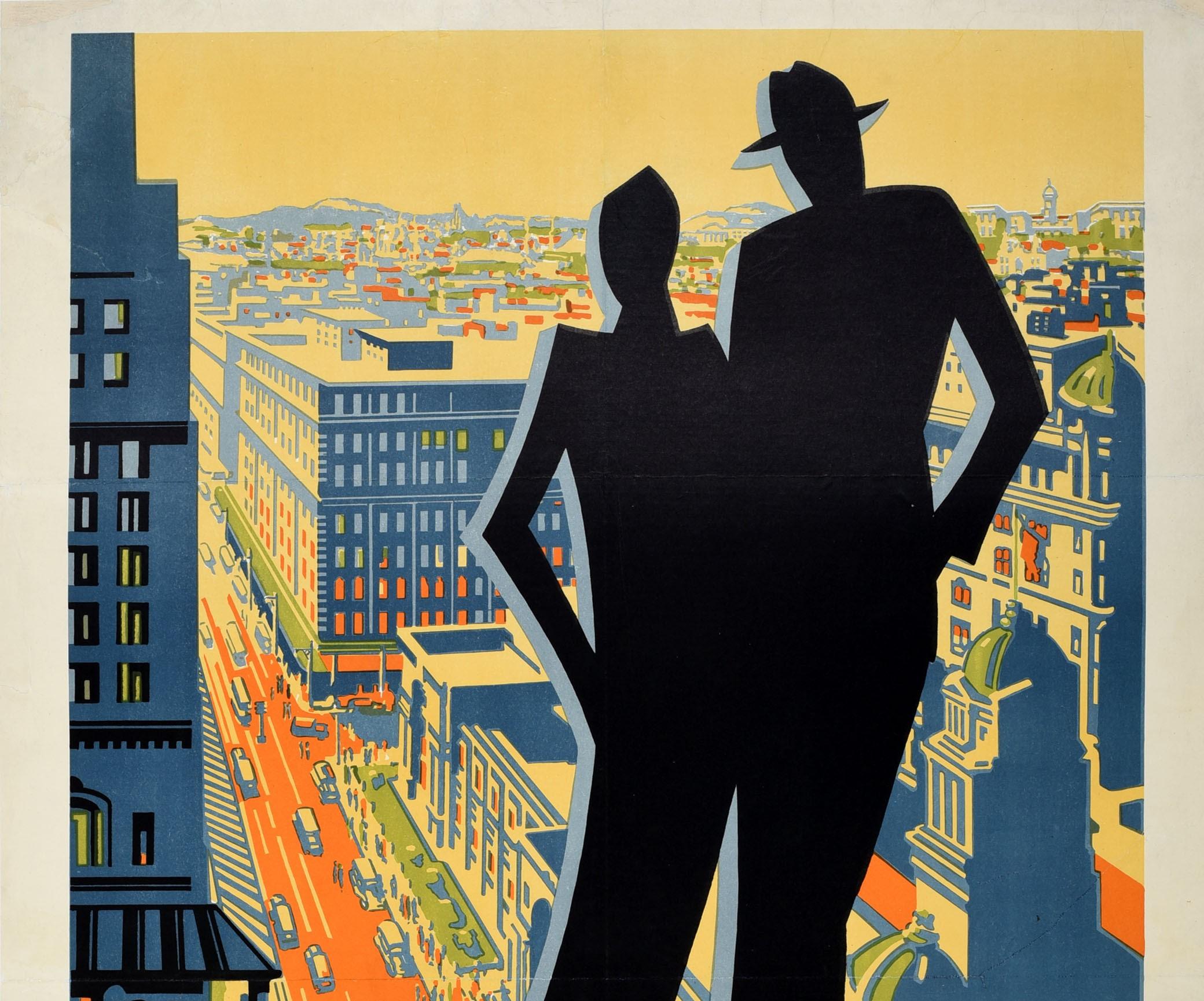 Original vintage travel poster for Johannesburg the Metropolis of South Africa featuring a stunning Art Deco design depicting the stylised silhouette of a couple looking out at the view over the city with hills visible in the distance, the bold text