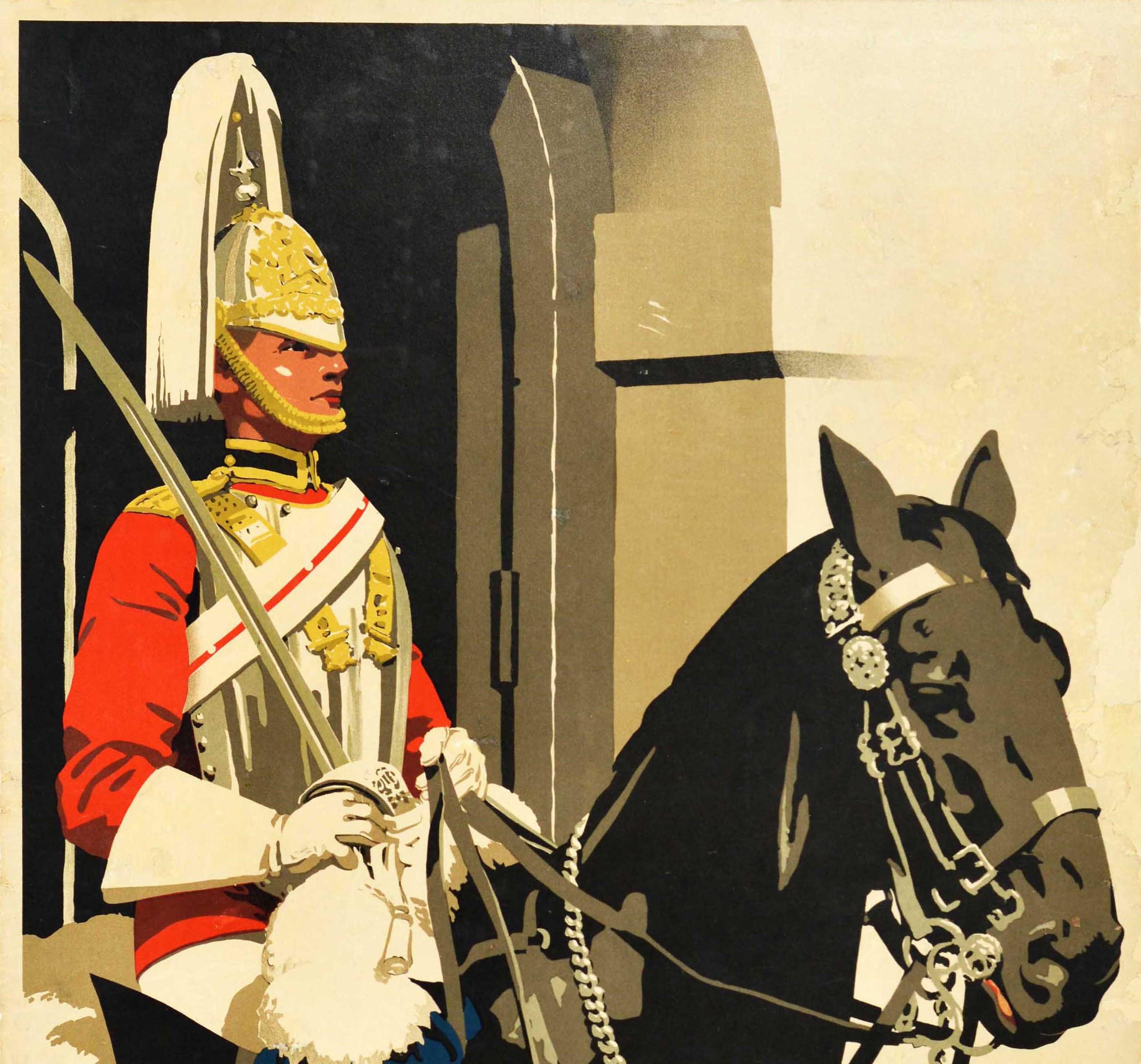 Original vintage travel poster advertising London Heart of the Empire issued by GWR Great Western Railway featuring a great design by the notable British poster artist Frank Newbould (1887-1951) of a Royal Guard on a horse with the text and logo on