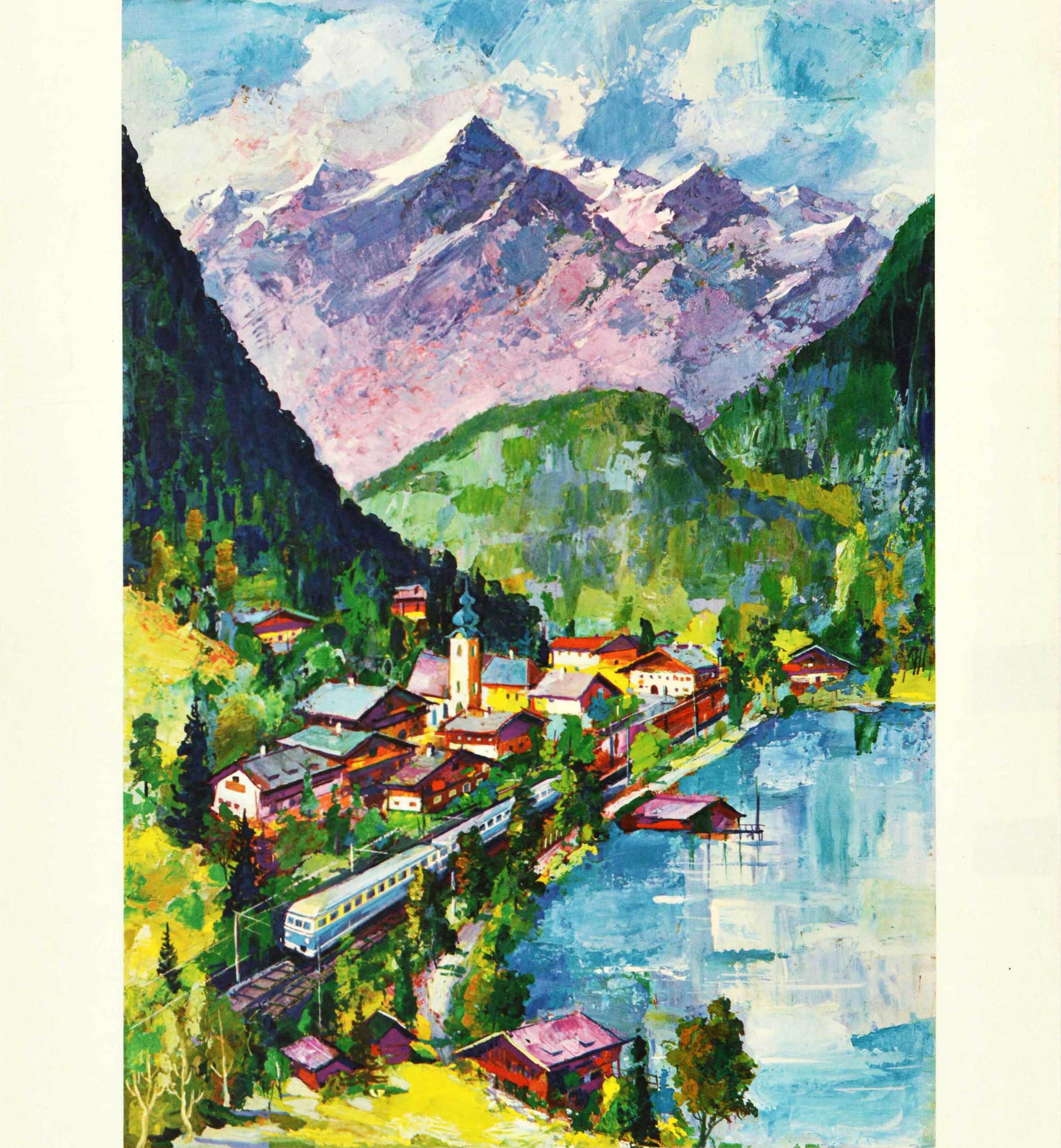 Austrian Original Vintage Railway Poster Austria Alps Village Lake OBB Train Travel Art