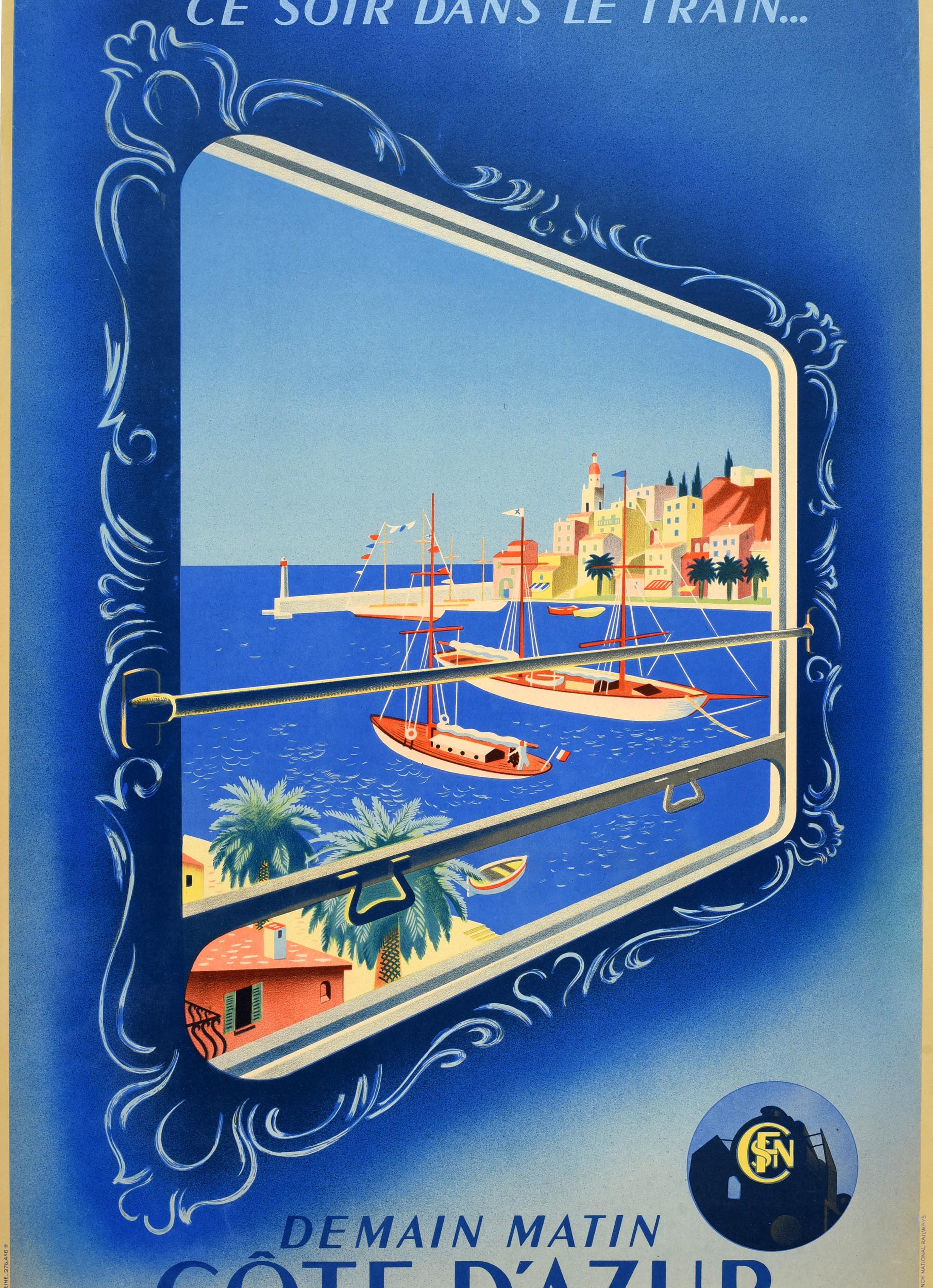 Original Vintage Railway Poster Ce Soir Dans Le Train Cote D'azur French Riviera In Good Condition For Sale In London, GB