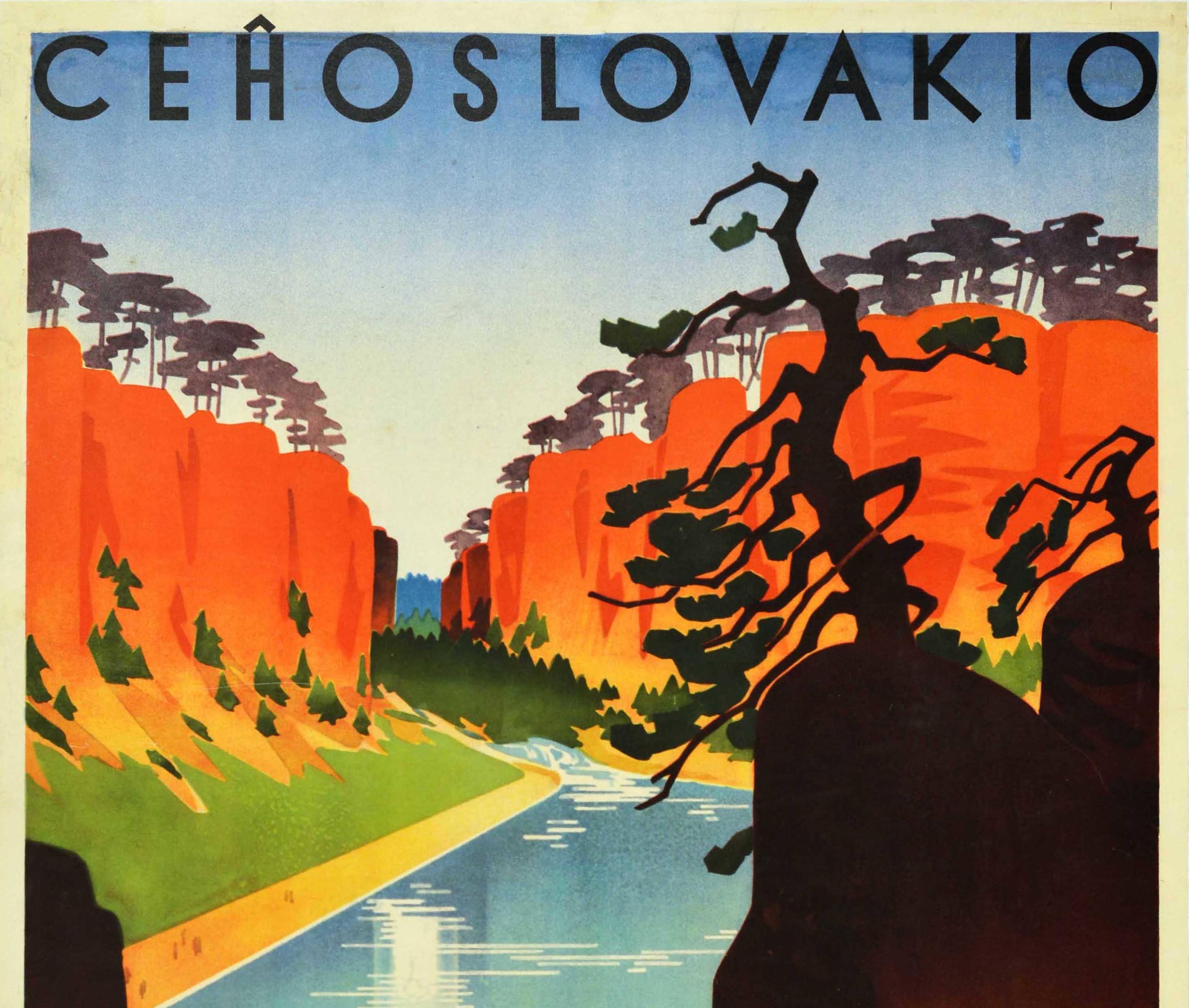 Original vintage travel poster published by Czechoslovak State Railways for Jicin and the Prachov Rocks / Rockaro de Prachov featuring a stunning image of people and red and white striped sun umbrellas on a sandy beach by the calm water reflecting