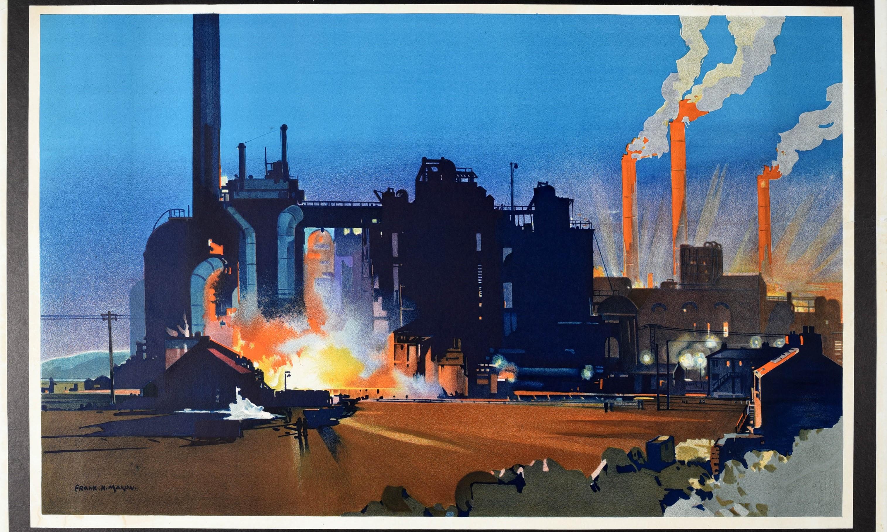 Original vintage travel poster issued by the London North Eastern Railway - East Coast Industries served by the LNER A Blast Furnace on the LNER - featuring a dynamic industrial design depicting a factory lit up by a dramatic blast in white, yellow