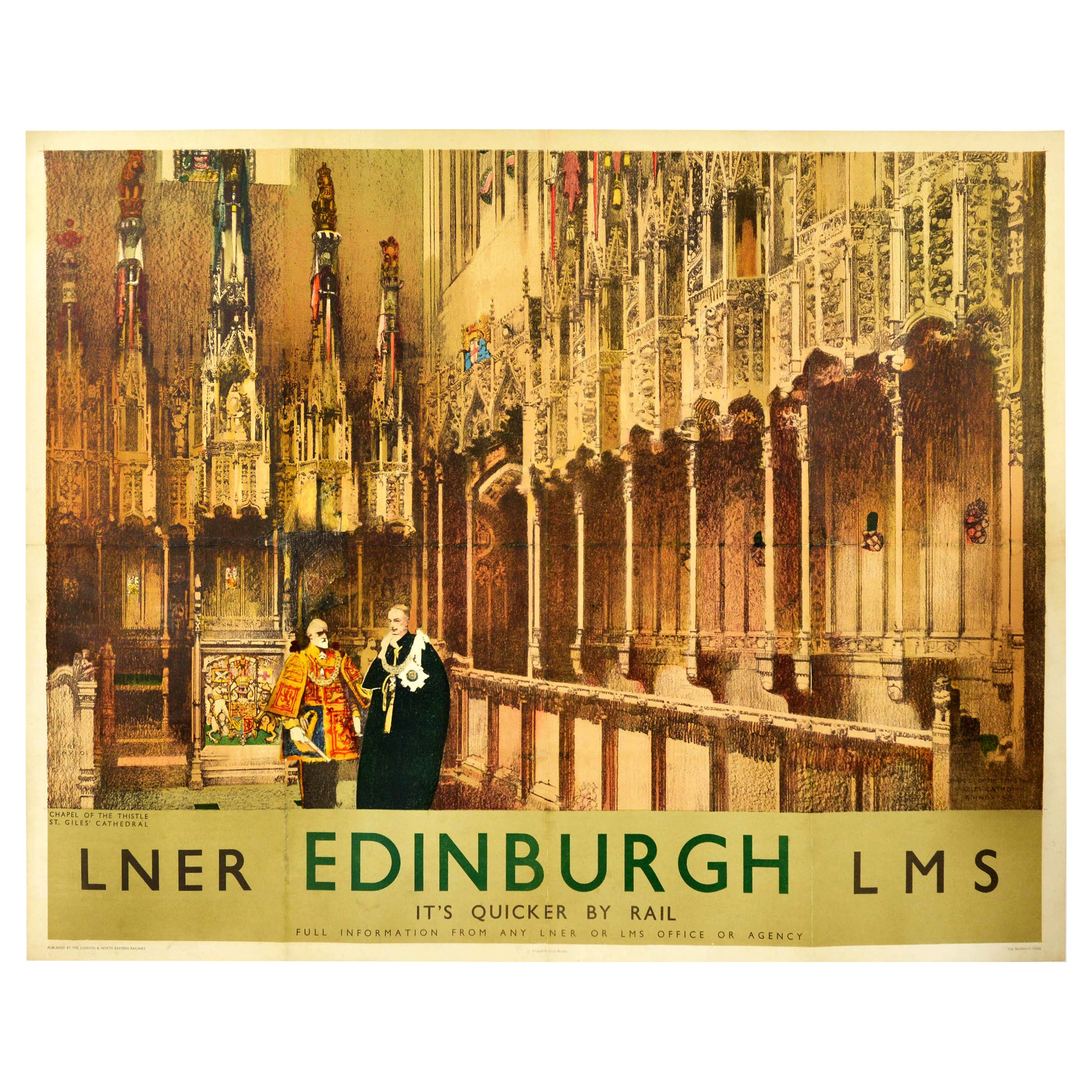 Poster ferroviario originale d'epoca Edimburgo Scozia LNER LMS Cattedrale Cappella Arte