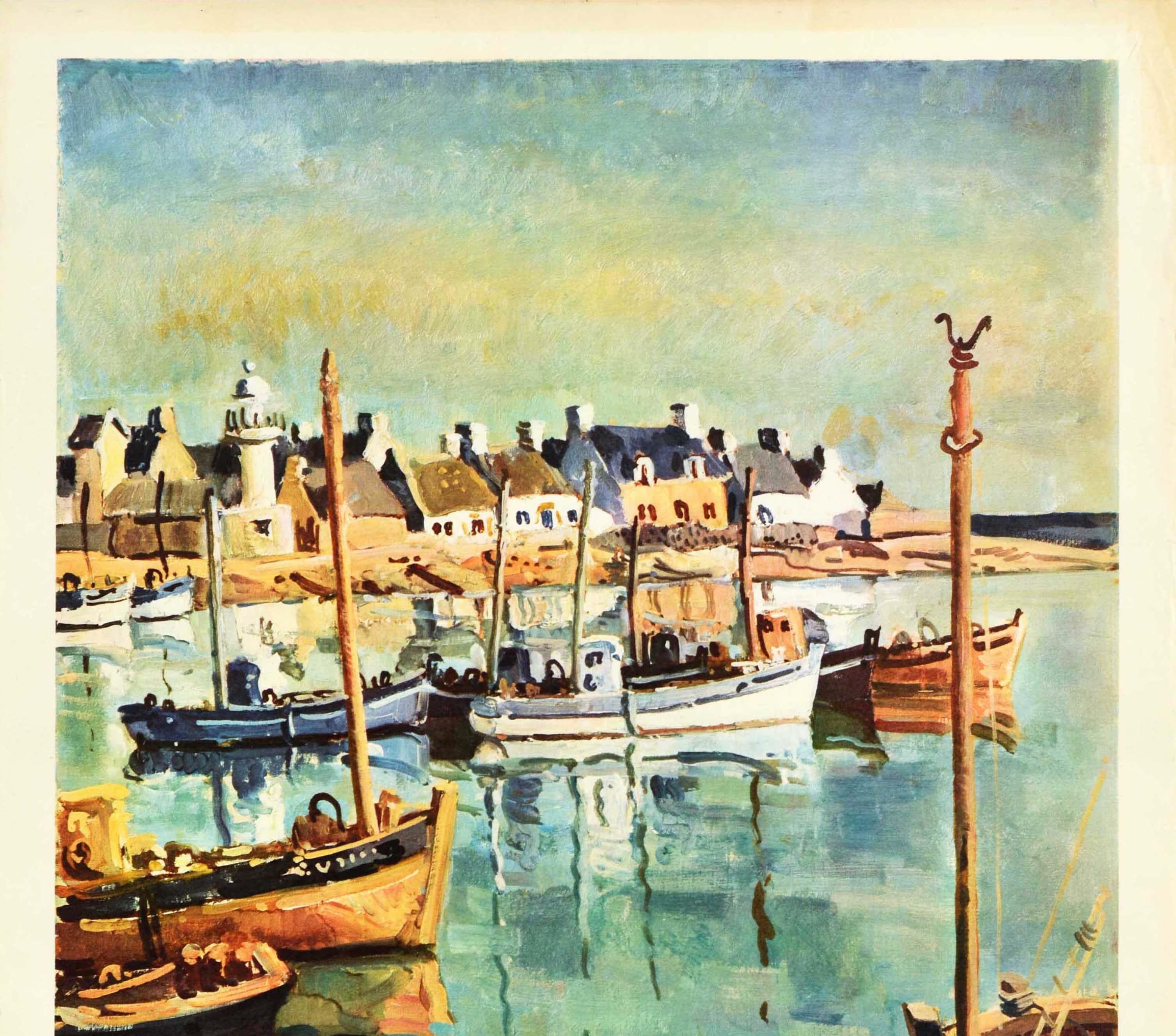 Original vintage railway travel poster for France Brittany issued by the state owned French national railways (SNCF Societe Nationale des Chemins de Fer Francais; founded 1938) featuring a colourful painting depicting a view of fishing boats moored