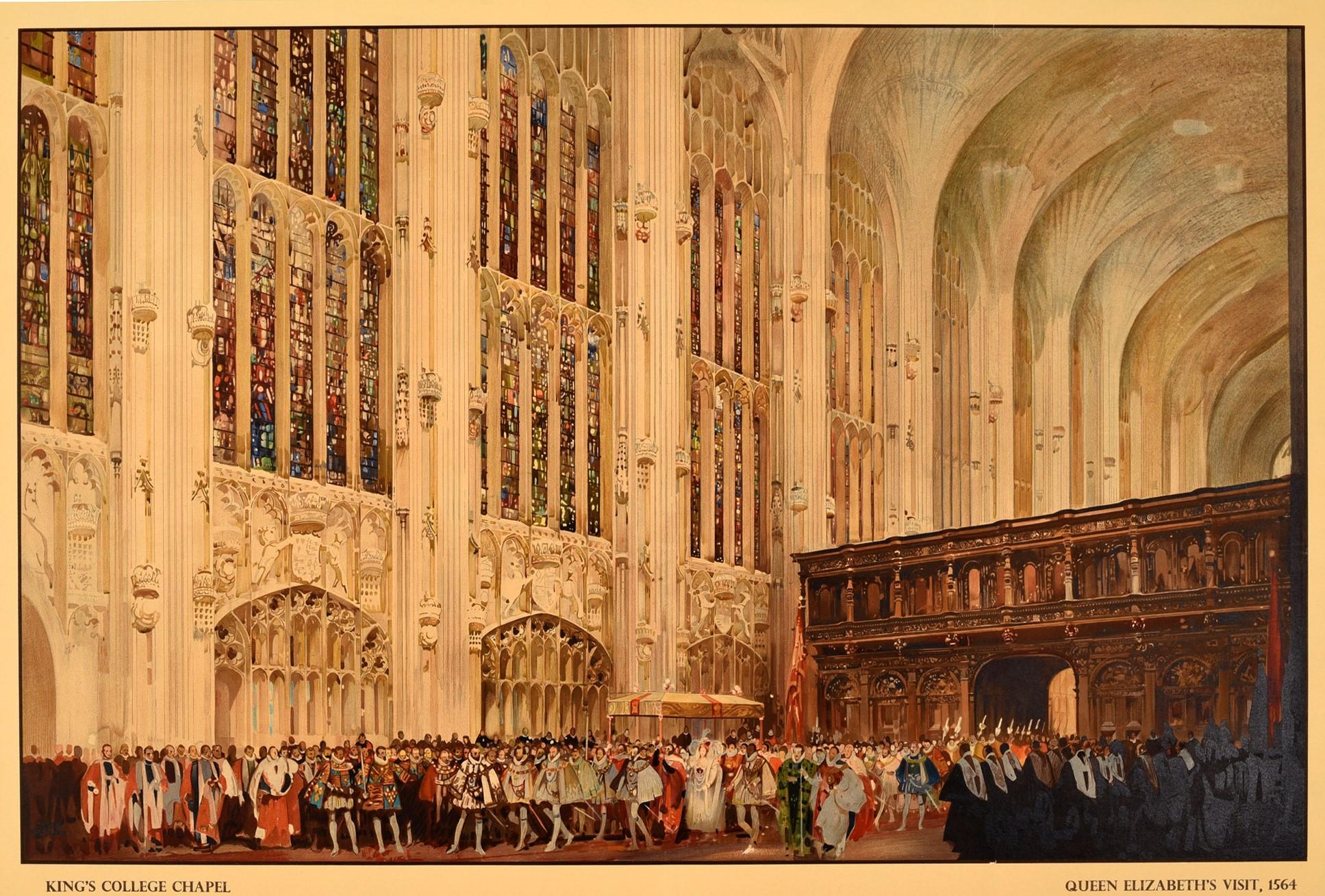 Original vintage travel poster for Cambridge issued by British Railways featuring great artwork by the notable artist Fred Taylor (1875-1963) depicting Queen Elizabeth's Visit to King's College Chapel in August 1564 with crowds in period Elizabethan