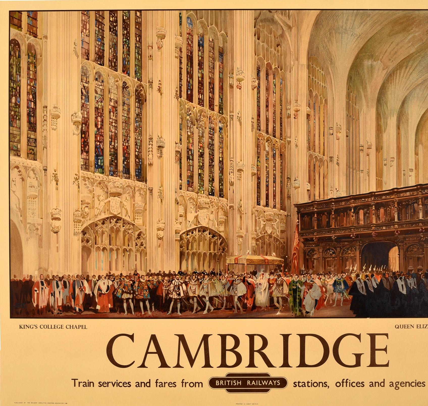 Britannique Original Vintage Railway Poster Queen Elizabeth I King's College Cambridge 1564 en vente