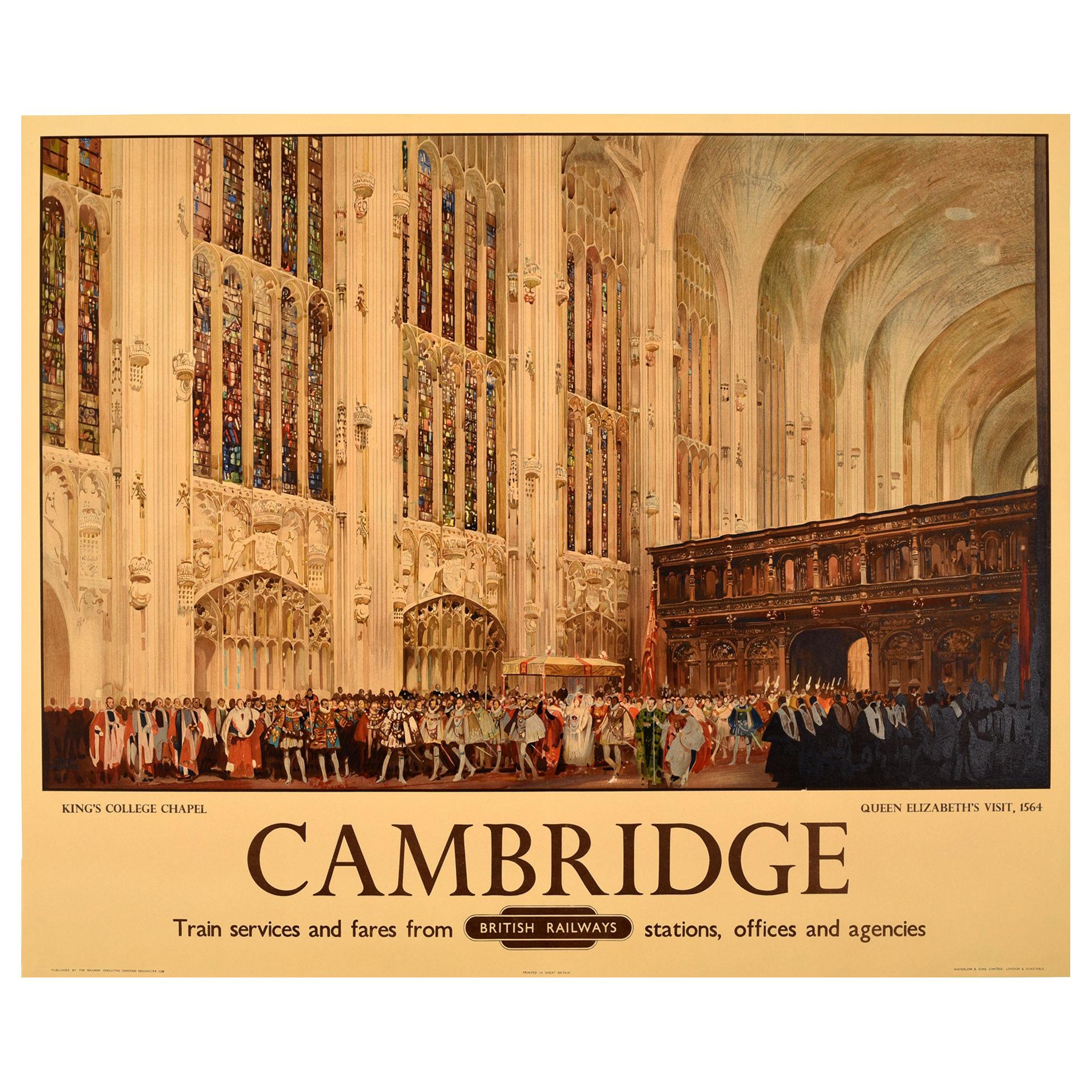 Original Vintage Railway Poster Queen Elizabeth I King's College Cambridge 1564 en vente