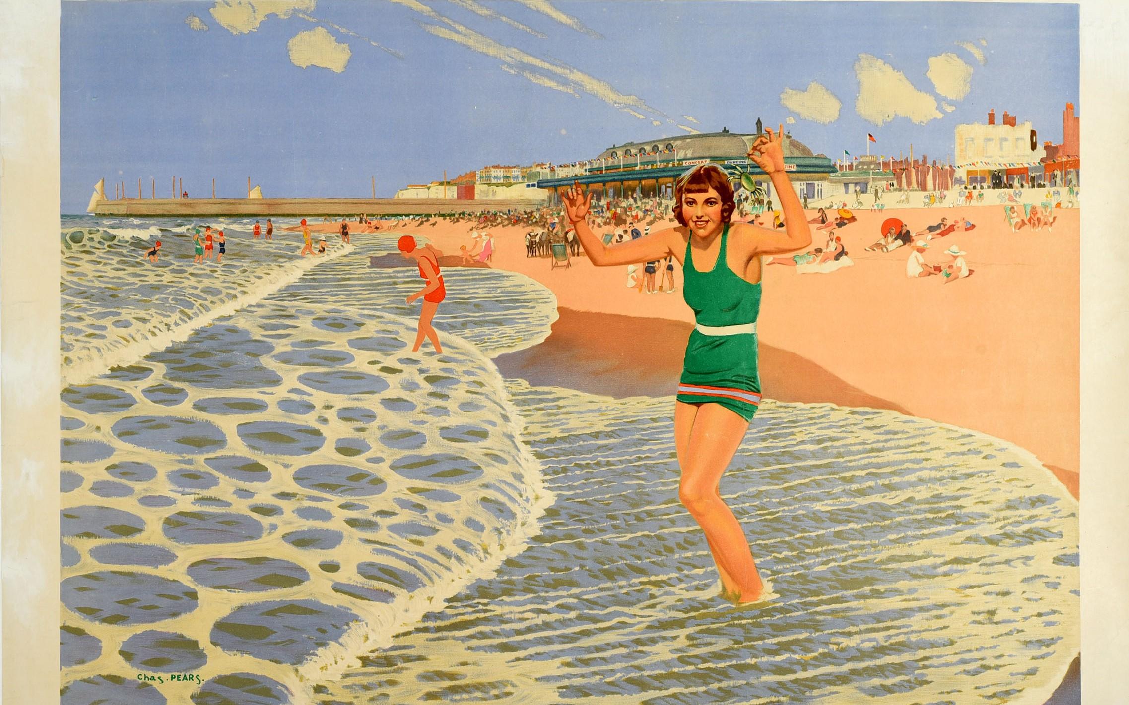 Original vintage travel poster for Ramsgate on the sunshine coast of Kent Guide post free from Town Clerk Corridor expresses Cheap fares by Southern Railway Sands and Sun Health and Fun - featuring stunning artwork by the notable artist Charles
