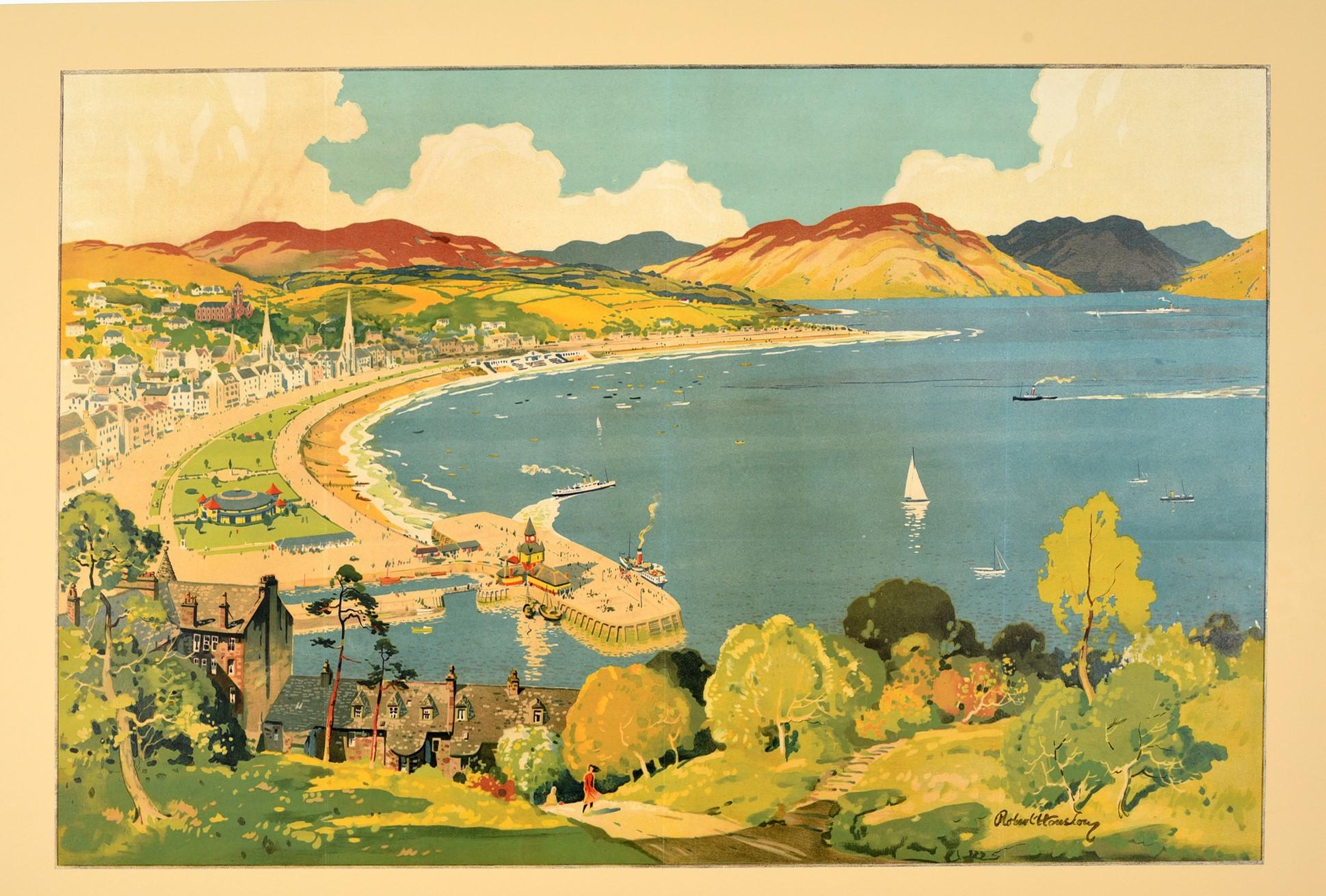 Original vintage travel poster for Royal Rothesay The Holiday Capital of the Clyde Coast issued by the London, Midland and Scottish Railway LMS and London North Eastern Railway LNER featuring scenic artwork by Robert Houston (1881-1940) of the