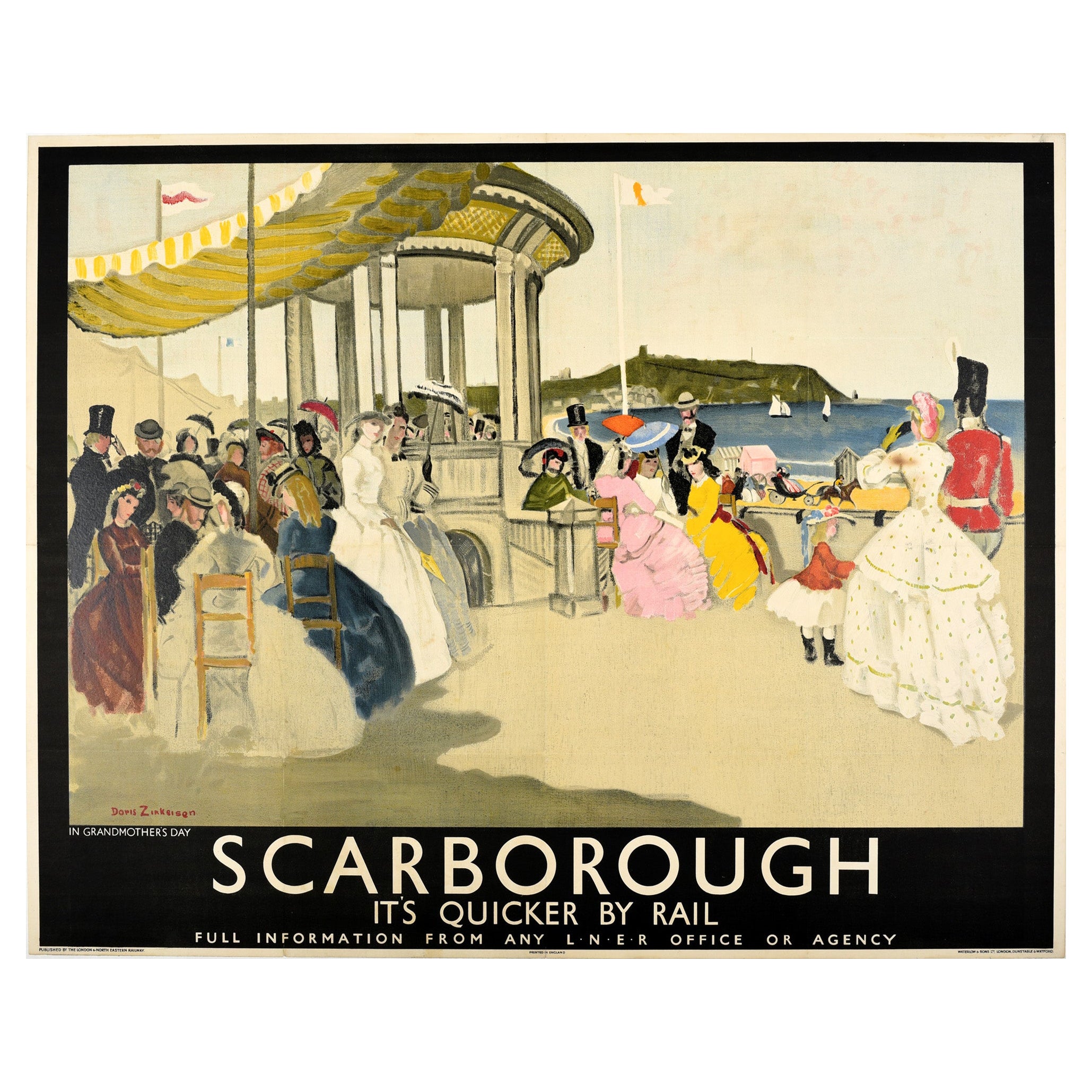 Cartel Vintage Original Ferrocarril Scarborough En El Día De La Abuela Costa De Yorkshire