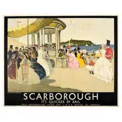 Cartel Vintage Original Ferrocarril Scarborough En El Día De La Abuela Costa De Yorkshire