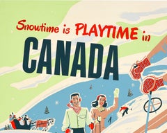 Original Vintage Railway Poster Snowtime Is Playtime In Canada Winter Sport Ski
