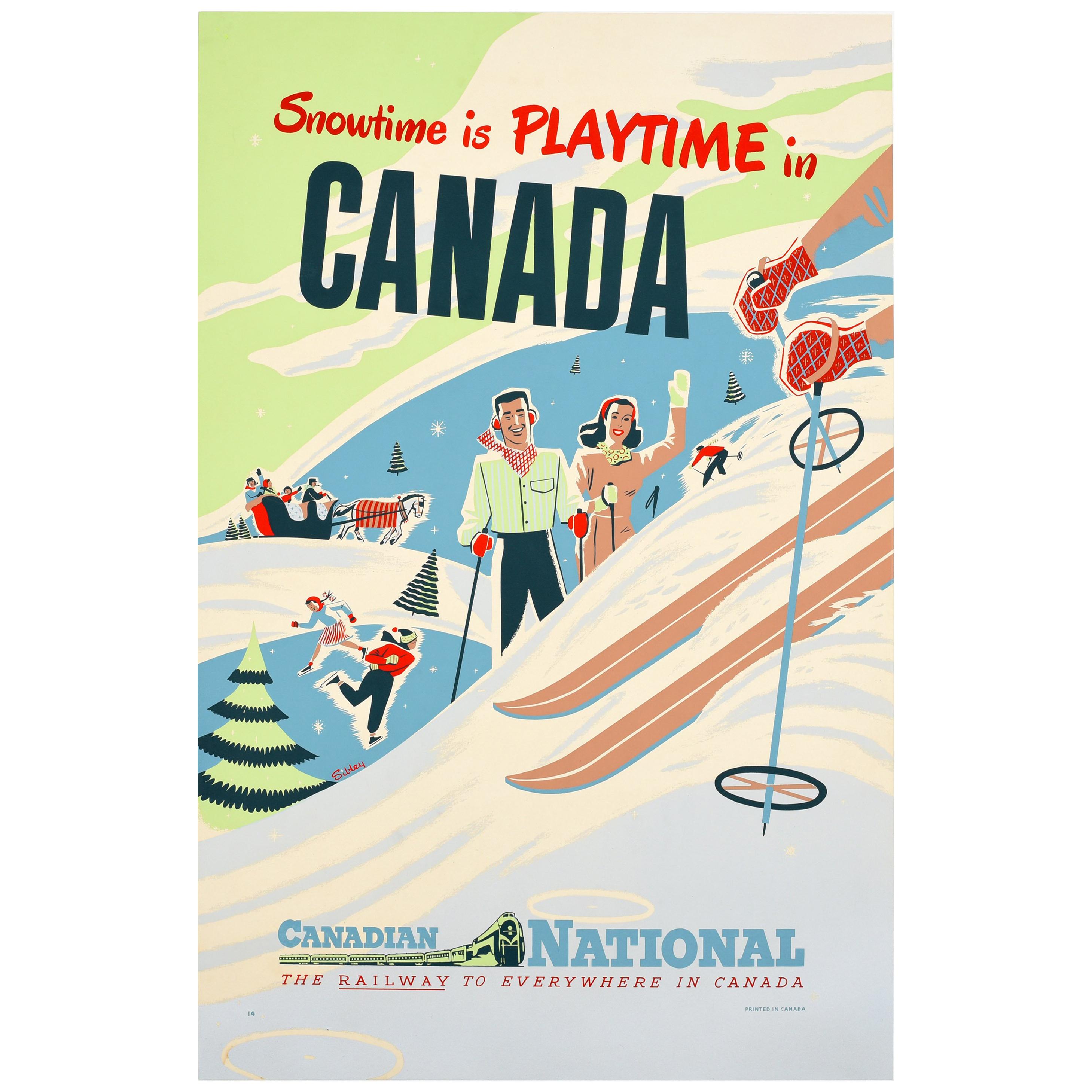 Original Vintage Railway Poster Snowtime Is Playtime In Canada