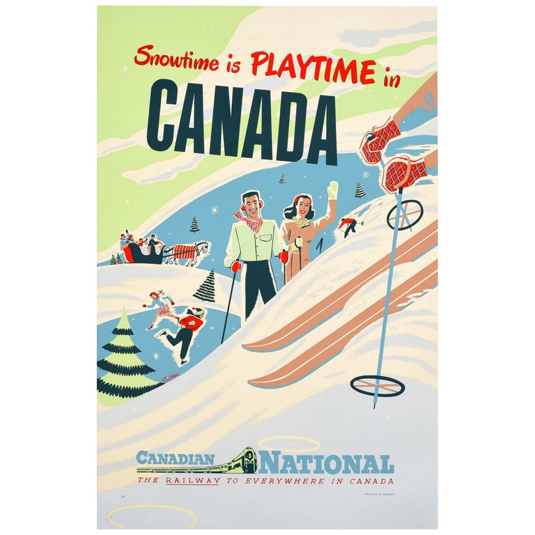 Original Vintage Railway Poster Snowtime Is Playtime In Canada