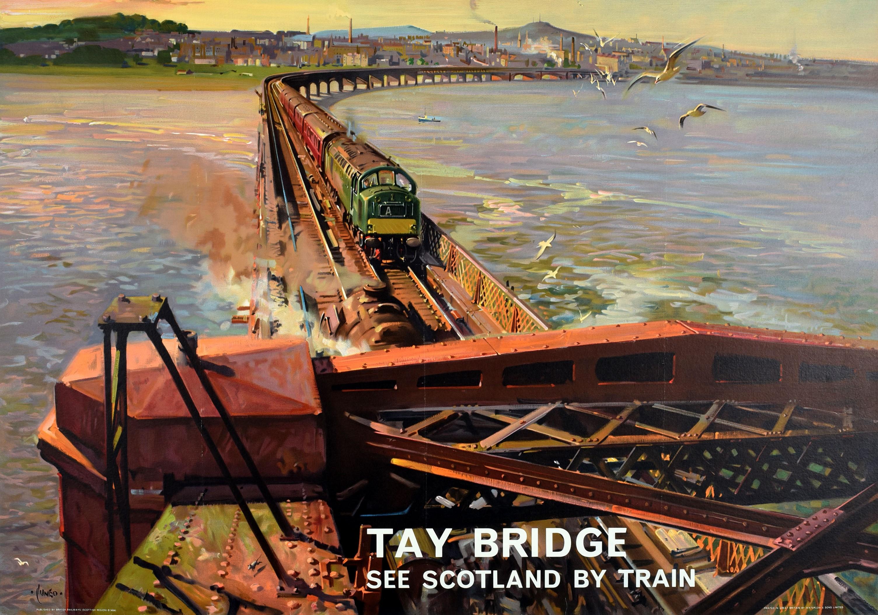 Britannique Affiche rétro originale des chemins de fer, Tay Bridge, Voir l'Écosse en train, Peinture scénique en vente