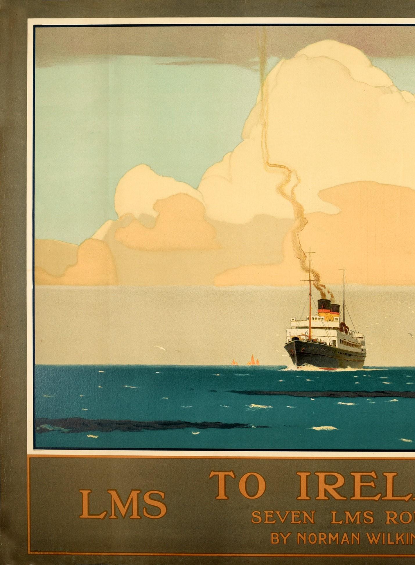 Original vintage LMS railway poster To Ireland Seven LMS Routes featuring a great image by the notable British artist and illustrator Norman Wilkinson (1878-1971) of a ship at sea sailing towards the viewer with smoke rising from the funnels into