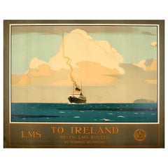 Original Vintage Railway Poster To Ireland Seven LMS Routes Ft. Irish Sea Ferry