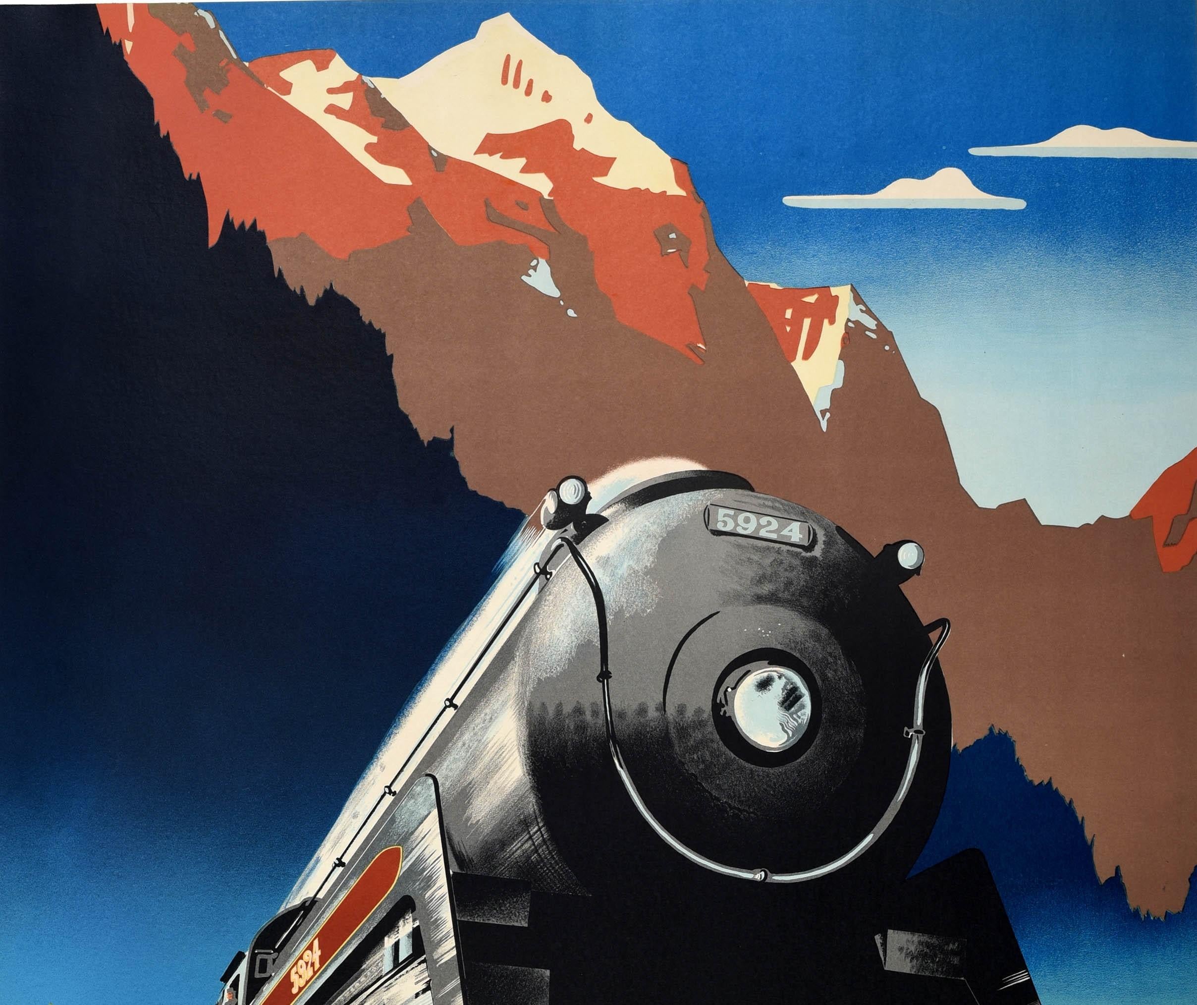 Original vintage travel advertising poster - Travel Canadian Pacific Across Canada! Stunning artwork by Peter Ewart (1918-2001) depicting a steam train travelling at speed through a tunnel along the railway tracks towards the viewer with a