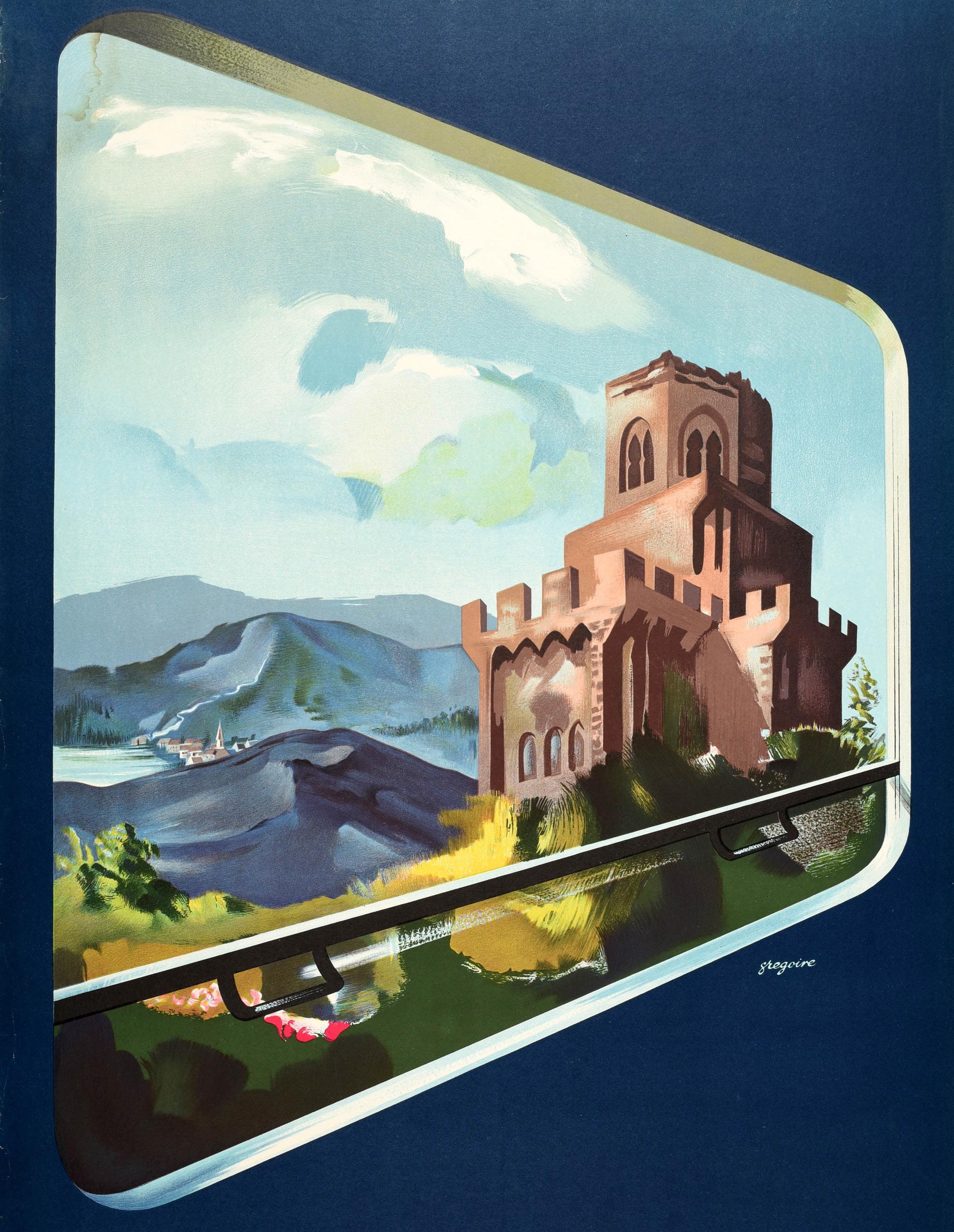 Original vintage railway travel poster - Visit France Auvergne Use the Trains and Motor Coaches of French National Railroads - featuring a scenic view of the Rhone Alps through a train carriage window with an historic chateau castle in the